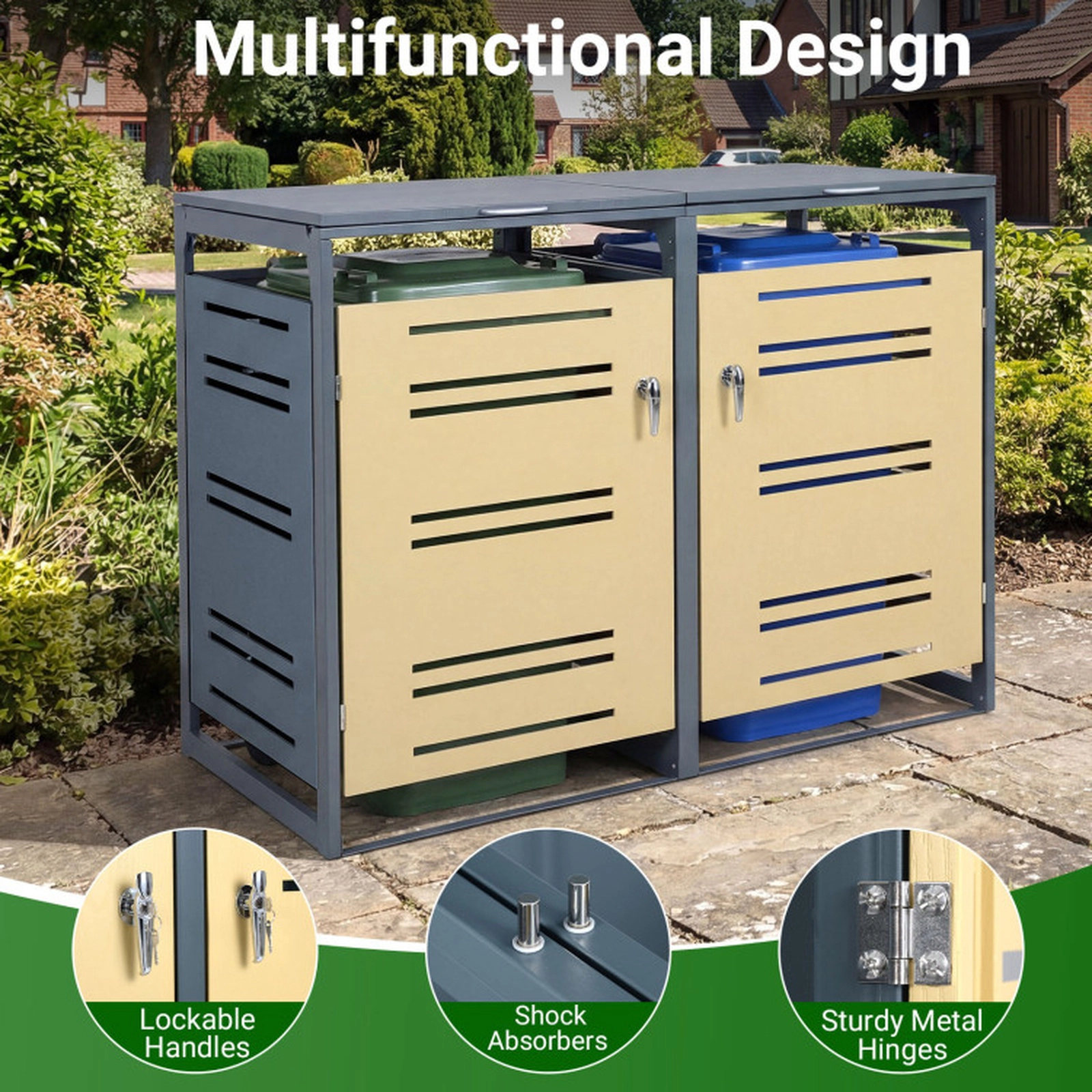 SUGIFT 2-Can Outdoor Metal Trash Can Storage Shed with Gas-Strut Lids Lockable Handle and Wide Doors