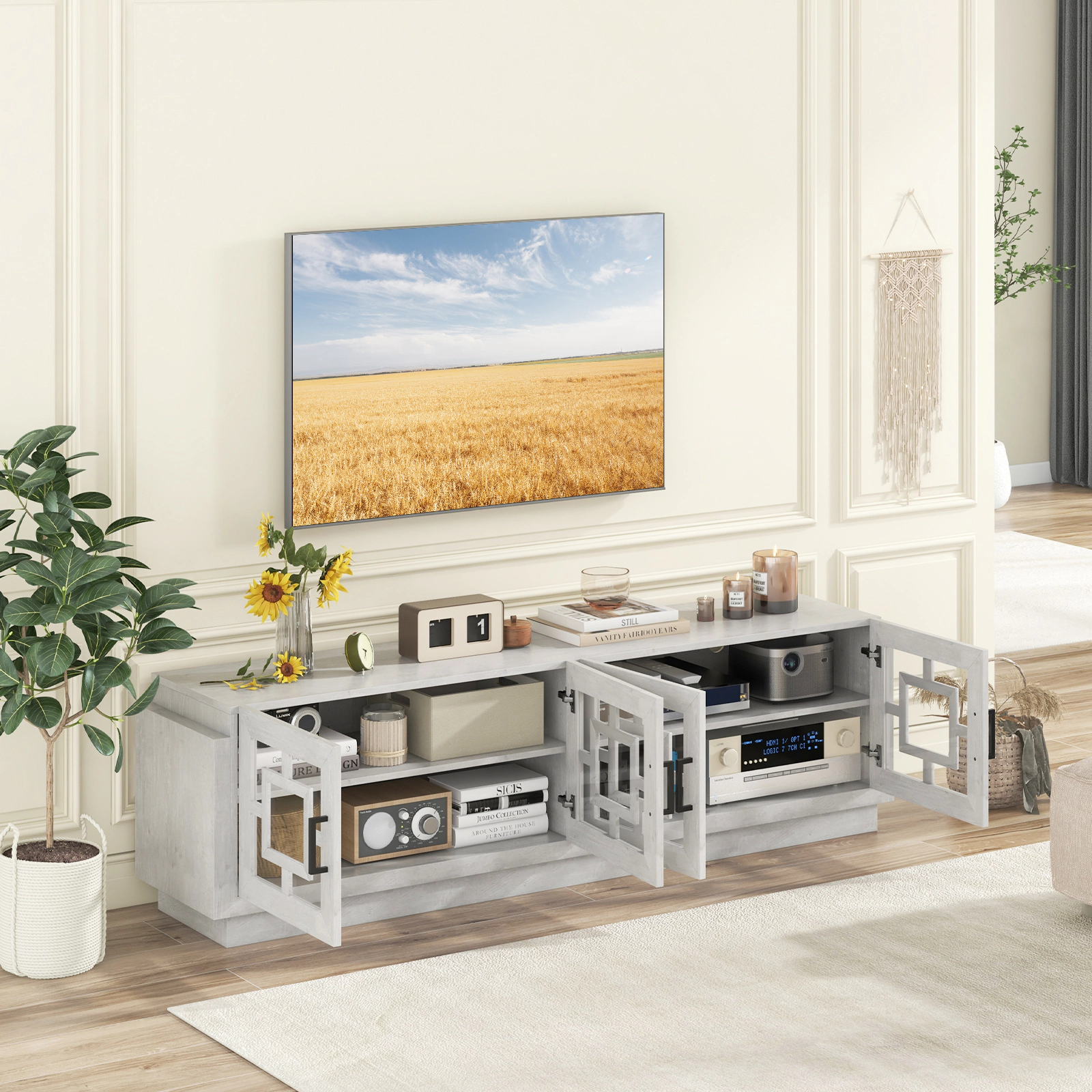 Hivvago 4-Door TV Stand for TVs up to 75 Inch Media Console Table with Adjustable Shelves