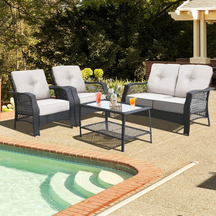 Hivvago 4 Pieces Patio Wicker Furniture Set Loveseat Sofa Coffee Table With Cushion-Beige