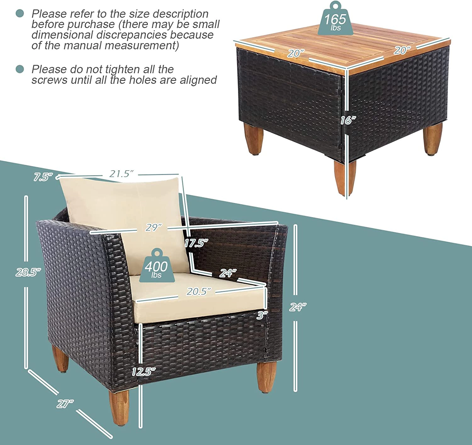 SUGIFT Beige Acacia Wood Table Top and Thick Cushions 3-Piece Patio Rattan Bistro Set