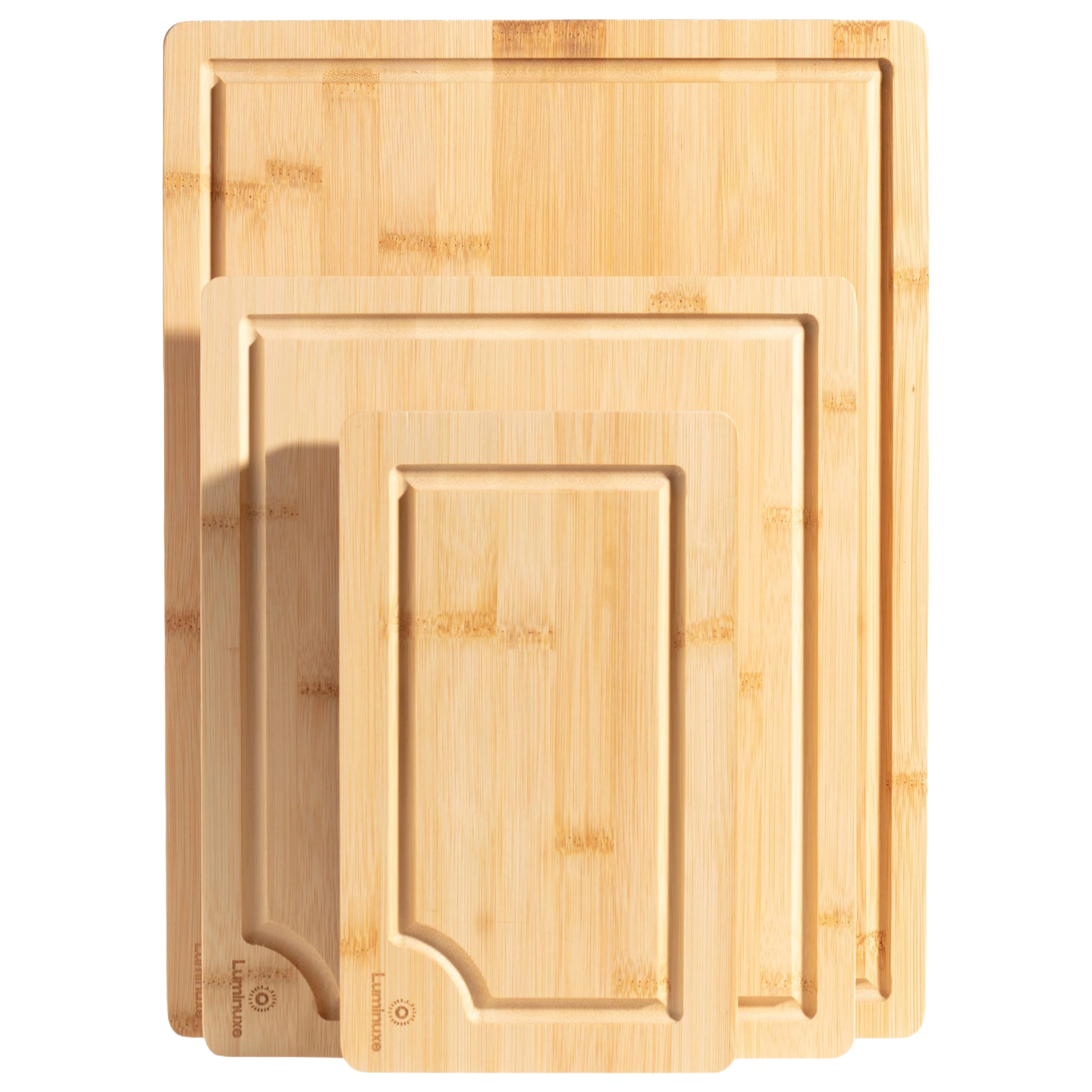 Luminuxe Bamboo Cutting Board Set of 3, Heavy‑Duty Nonslip Wood Boards with Juice Groove for Kitchen Prep