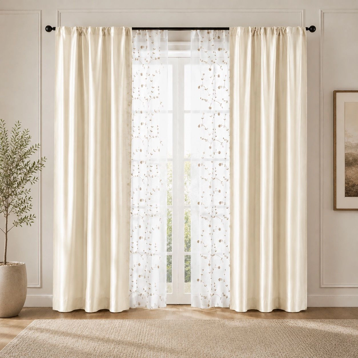 Kate Aurora Jasmine Embroidered 6 Piece Rod Pocket Coordinating Sheer Window Curtain Panels