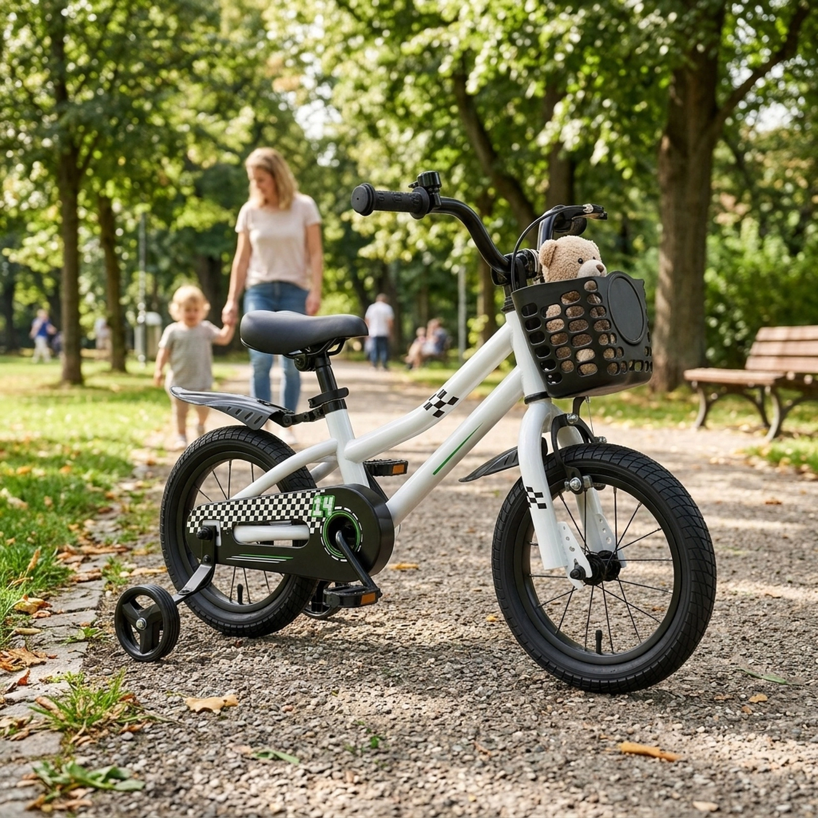 14-in Kids Bike 2 Training Wheels 5-Layer Pneumatic Tires Removable Basket Adjustable Saddle Ages 3-5 Black White