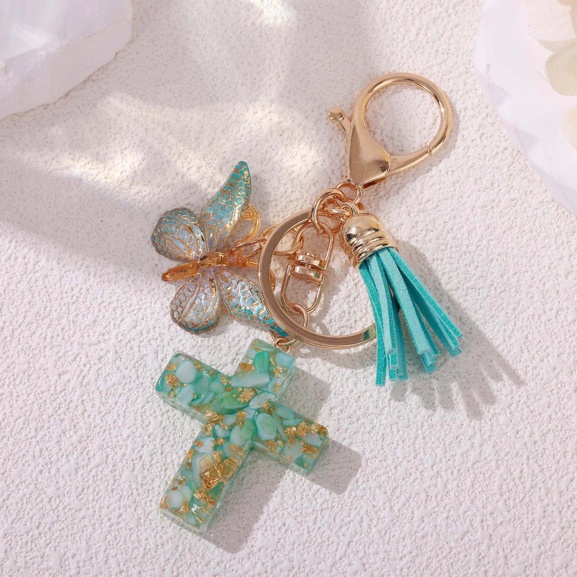 Wardrobe Whimsy Cross Keychain Colorful Resin Butterfly Tassel Keyring