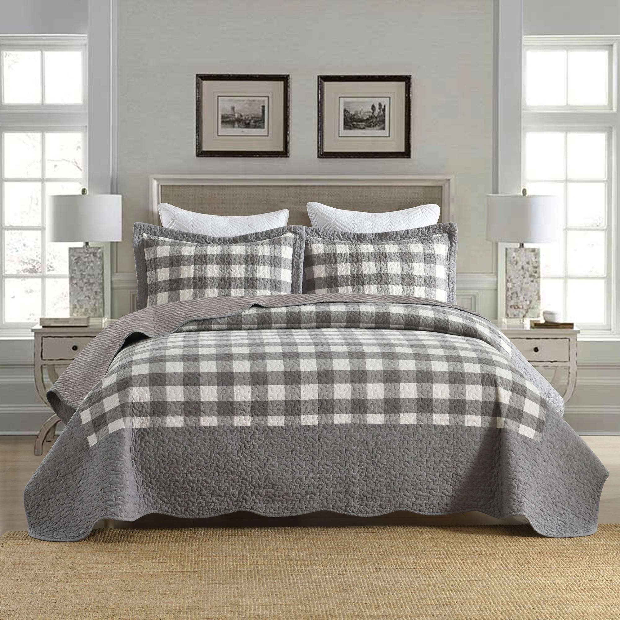 MarCielo 3 Pieces Gray and White Checkered Quilt Bedspread Set,Lightweight Bed Cover