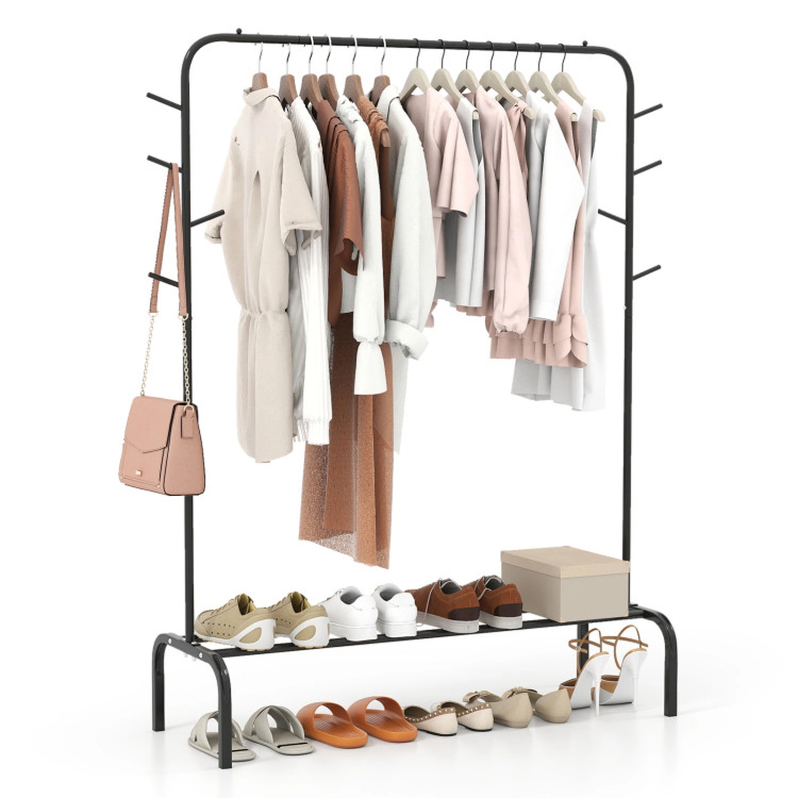 SUGIFT 50-in Wide 22-lb Rod Capacity Black Metal Clothes Garment Wardrobe Rack with 8 Side Hooks
