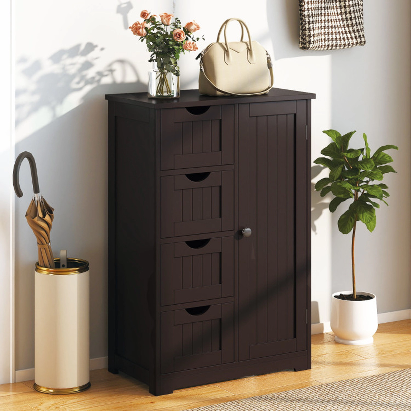 SUGIFT Brown 143-lb Capacity 4-Drawer Freestanding Wood Storage Cabinet with Side Door and Anti-Tip Kits