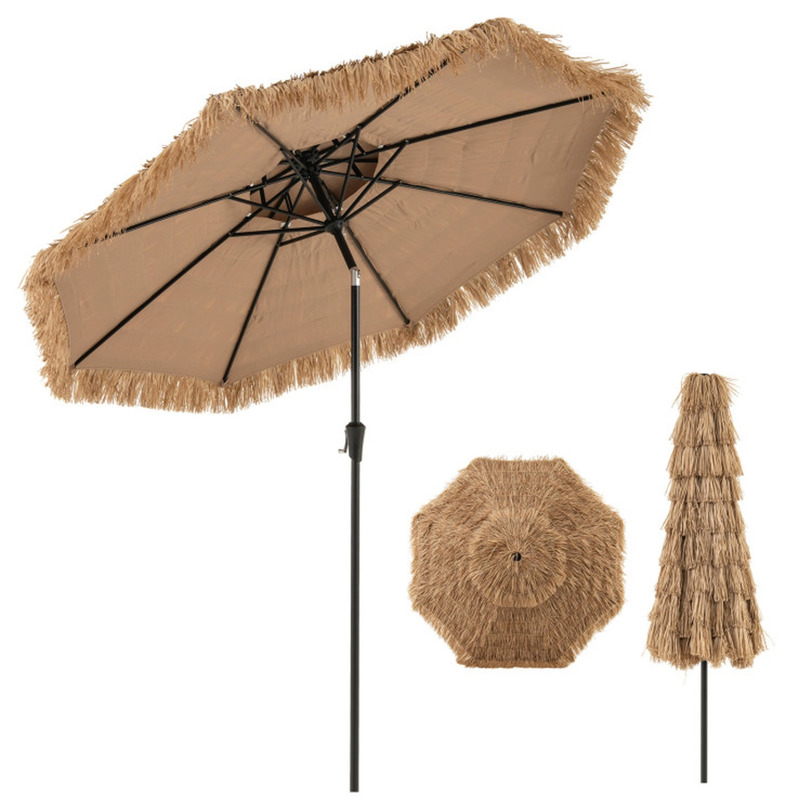 SUGIFT 10-ft Brown 2-Tier Tiki Patio Umbrella, Crank Lift, Push-Button Tilt