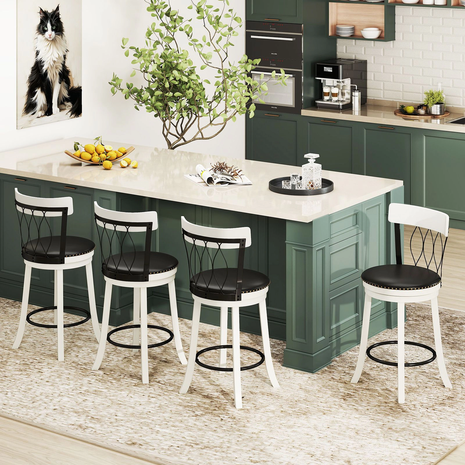SlickBlue Set of 2 Black White Kitchen Island Chairs with 360° Swivel Cushion Seat