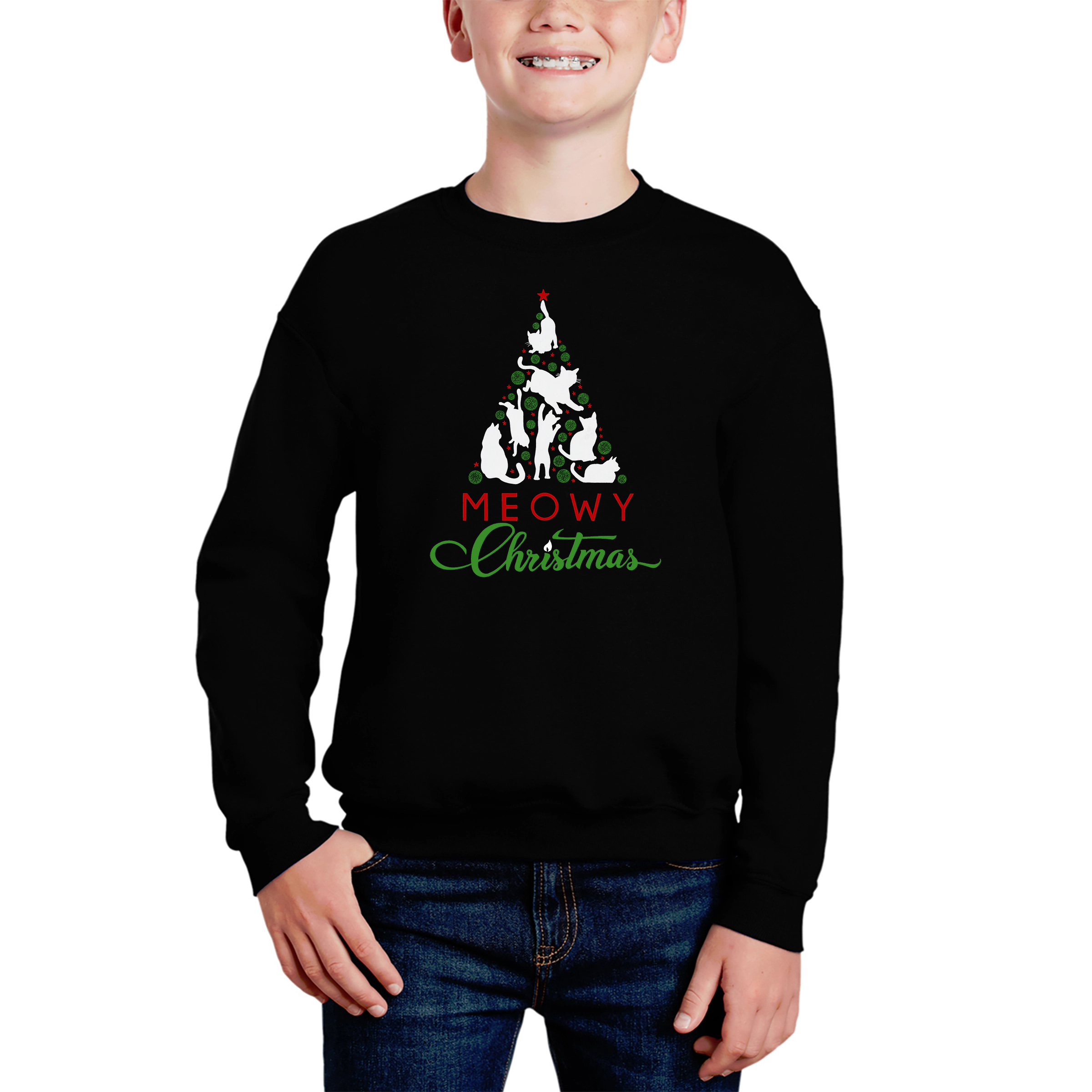 LA Pop Art Boy's Word Sweatshirt - Meowy Christmas Tree