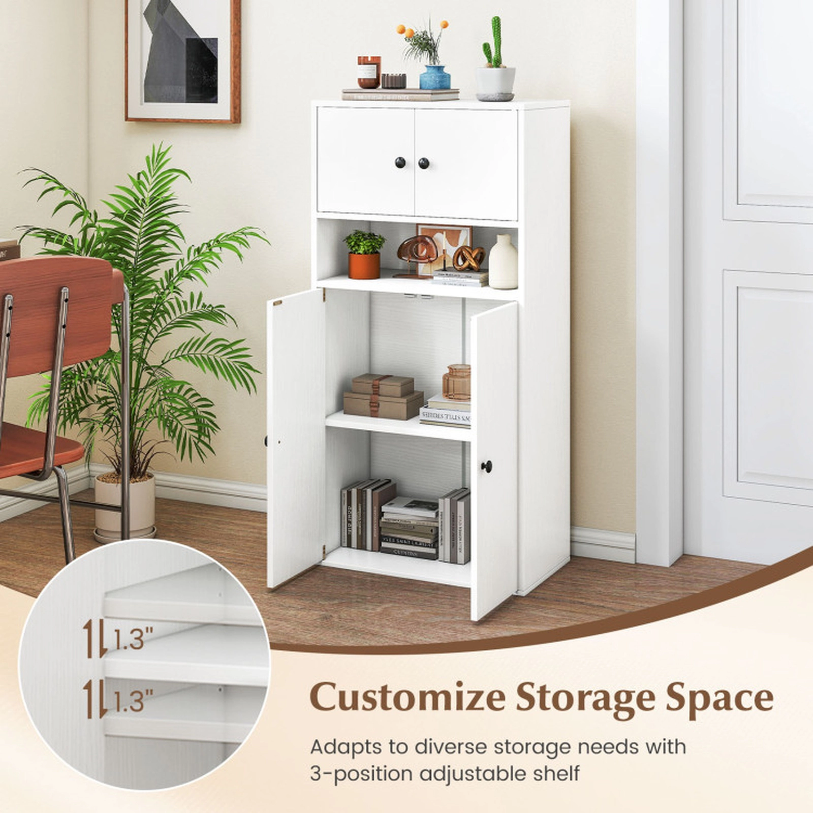 SUGIFT 44-in Tall Engineered Wood Bookshelf with Doors and Adjustable Shelf 44-lb Tier Capacity White 2-Piece