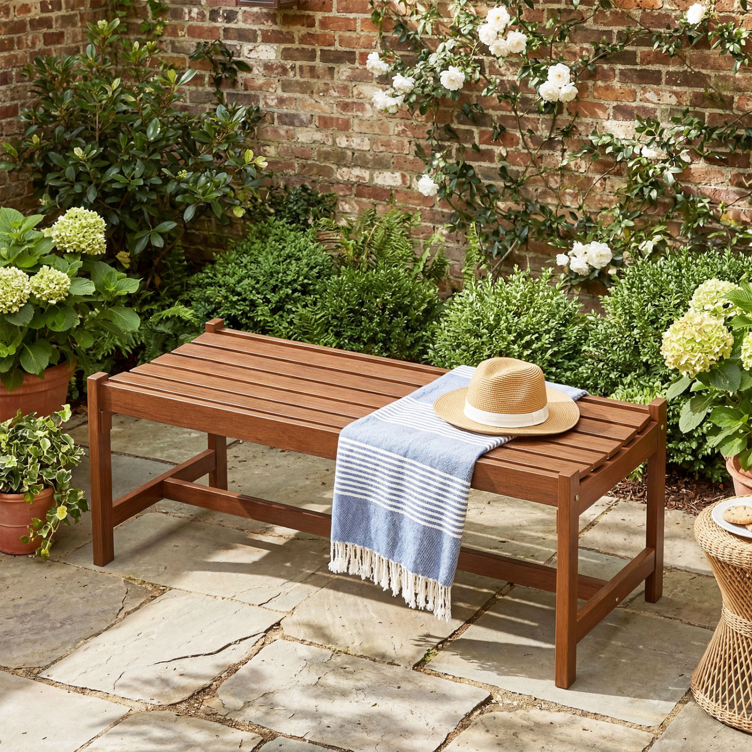 LJG 44" Patio Wood Bench Outdoor Solid Hardwood Dining Bench with Teak Oil Finish
