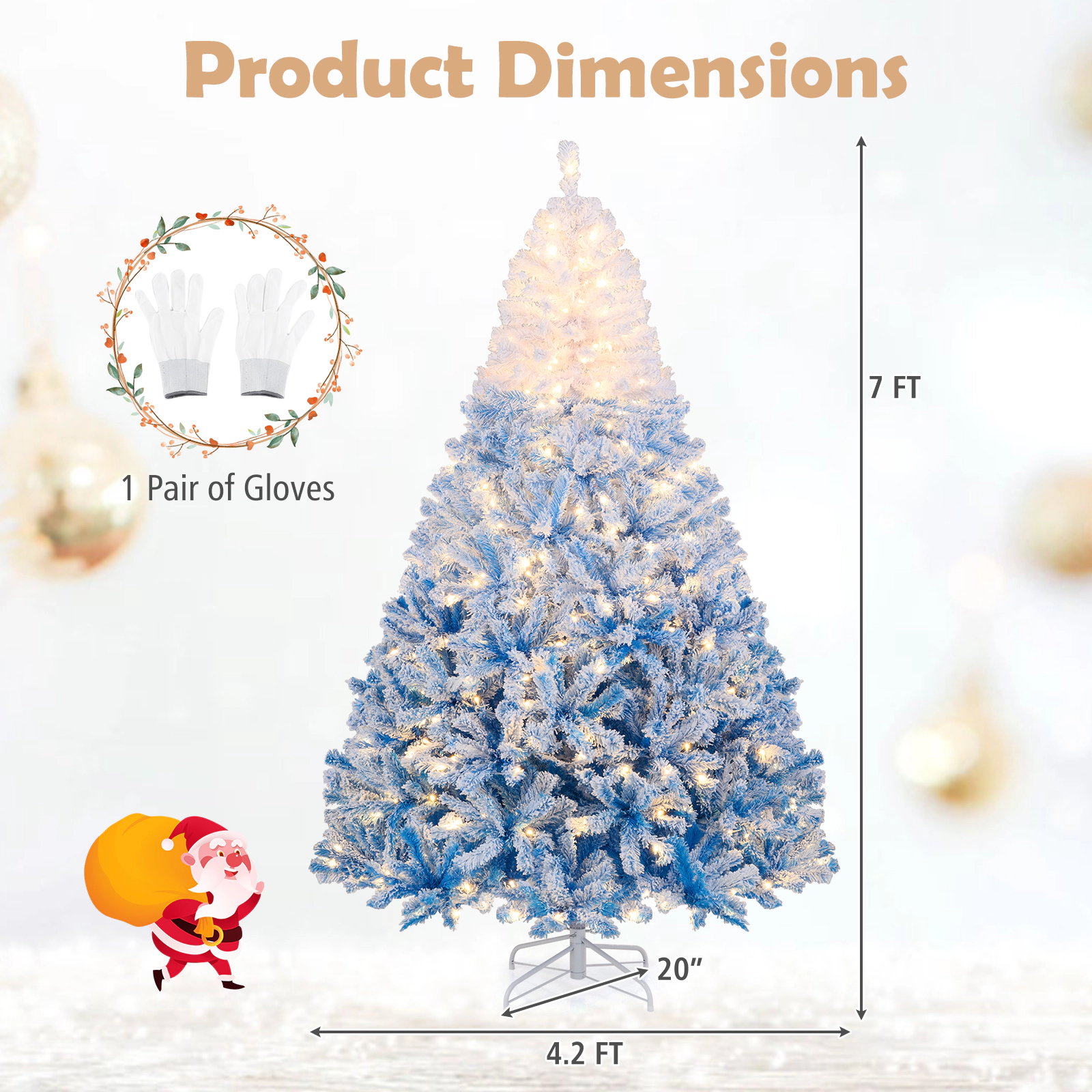 SUGIFT 7-ft Snow Flocked Gradient Pre-Lit Artificial Christmas Tree 1264 Tips 350 Warm White LEDs 3 Sections Blue