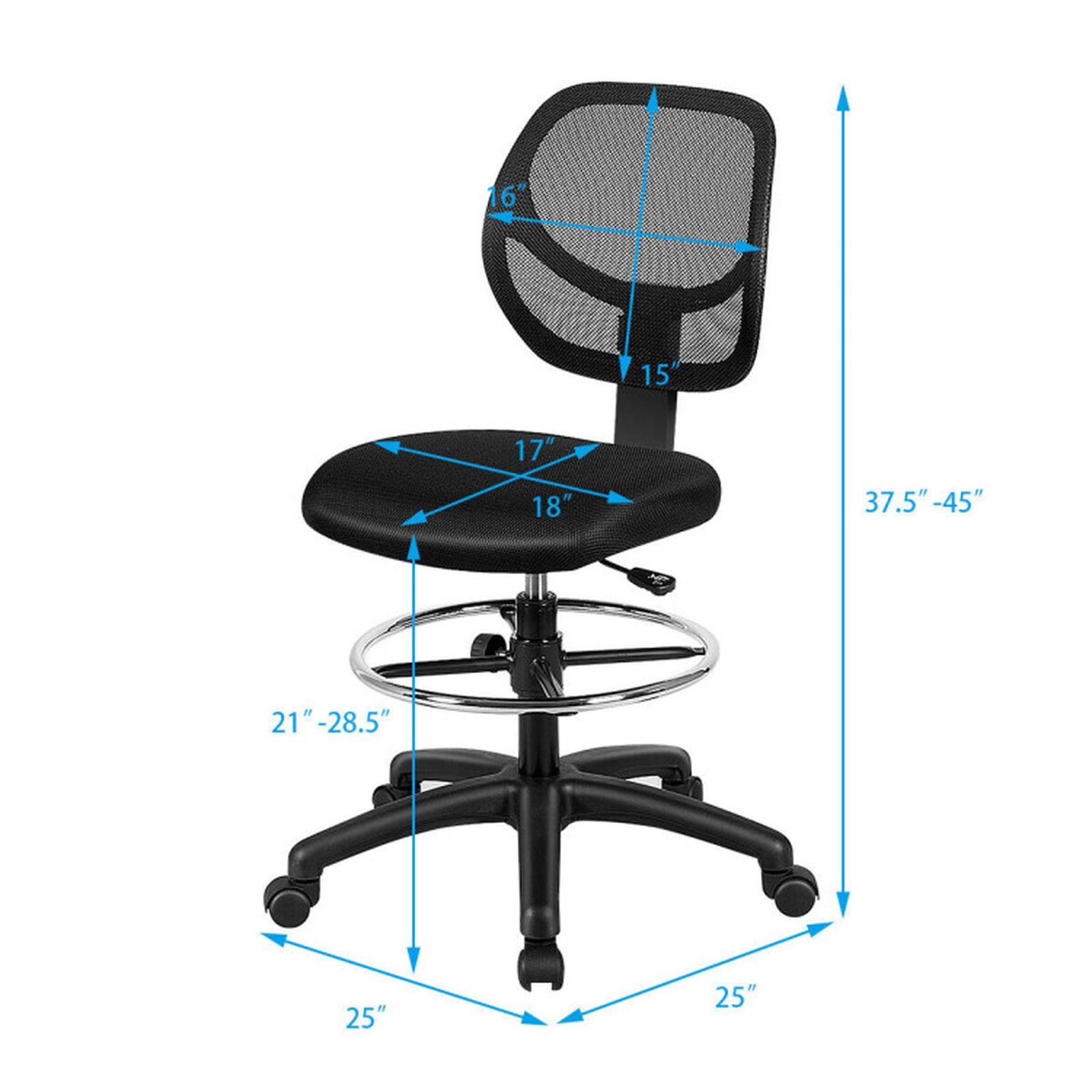 SUGIFT Breathable Mesh Mid Back Drafting Office Chair Adjustable Height 330-lb Capacity 21-28.5-in Seat Black