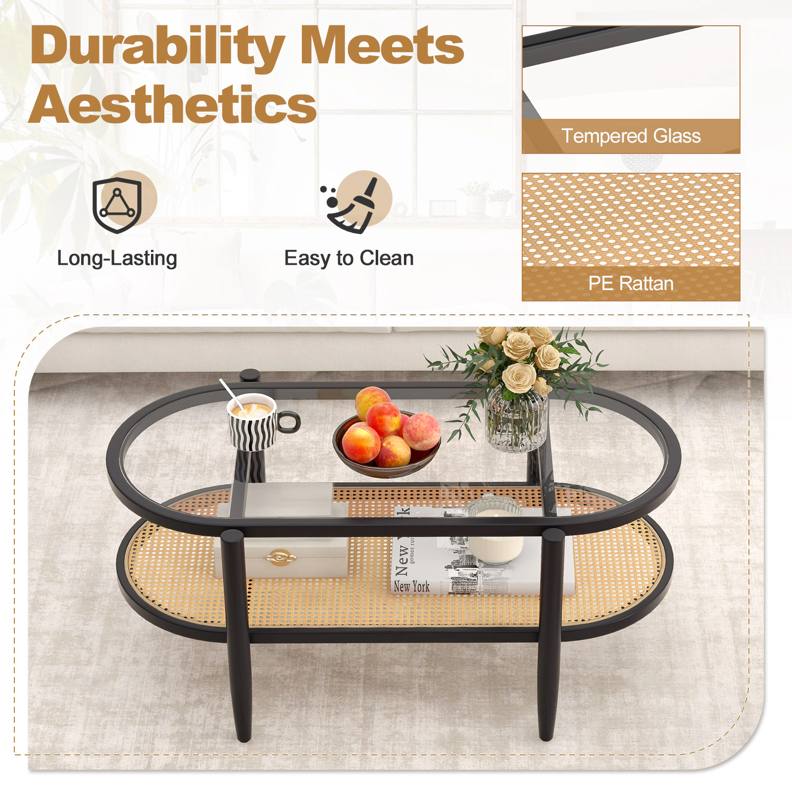 SUGIFT 2-Tier Acacia Wood Coffee Table with Tempered Glass Tabletop 176-lb Tabletop Capacity Brown/Black