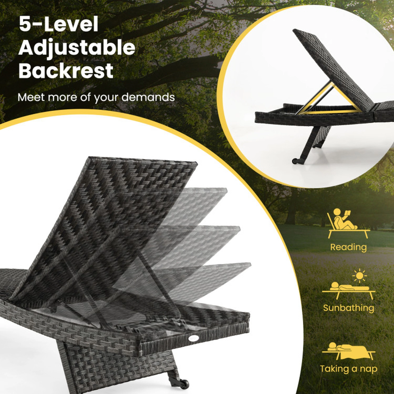 SUGIFT Set of 2 5-Level Quick Dry Foam Folding PE Rattan Patio Chaise Lounges 77-in x 24-in 330-lb Capacity Brown