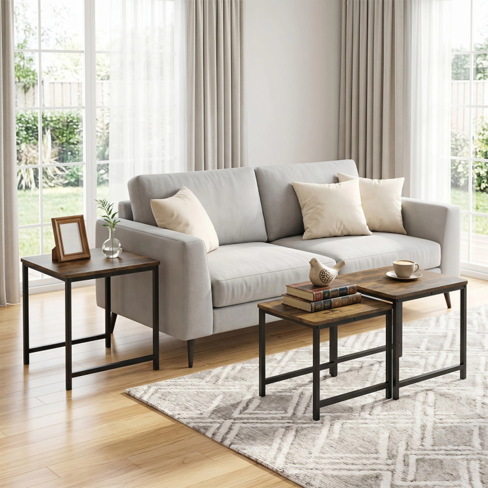 SUGIFT Space-Saving Faux Marble Nesting Tables with Metal Frame Set of 3 90-Lb Capacity Rustic Brown & Black