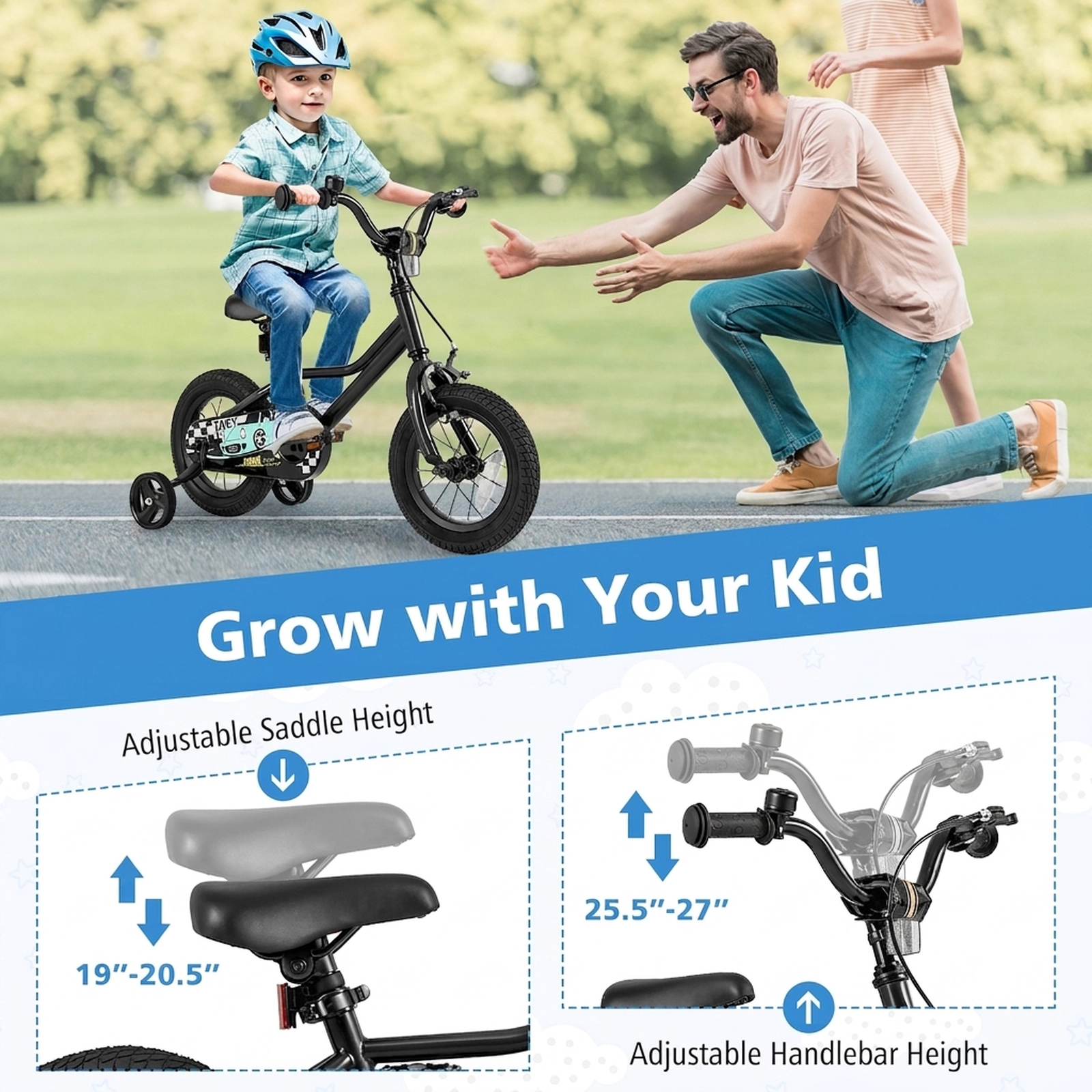 12-in Kids Bike Low-Step Frame Removable Training Wheels Ages 3-4 Black Bicycle Hand Brake Bell 100-lb Seat Capacity