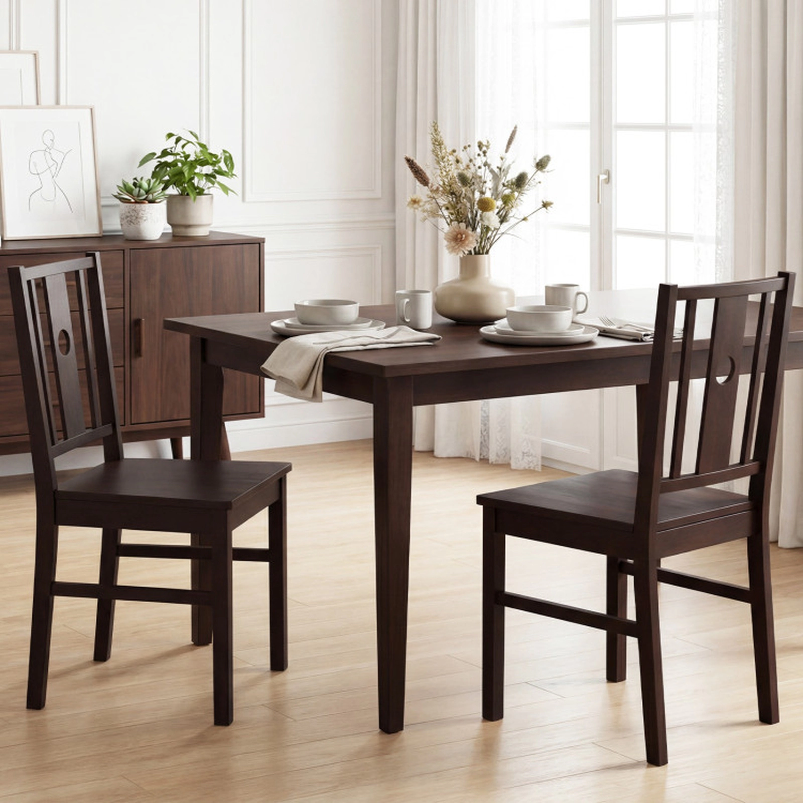 SUGIFT Set of 2 Solid Rubber Wood Kitchen Dining Chairs with Slatted Curved Backrest 330-lb Capacity Coffee