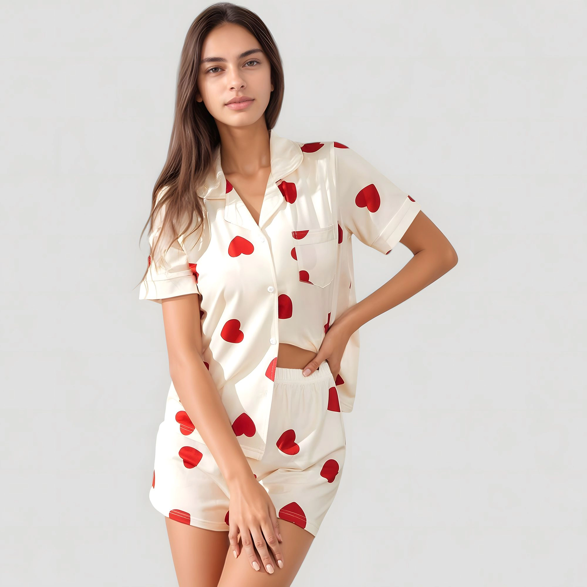 Anna-Kaci Women's Heart Print Short Sleeve Valentine Pajama Set with Chest Pocket and Button Down Top
