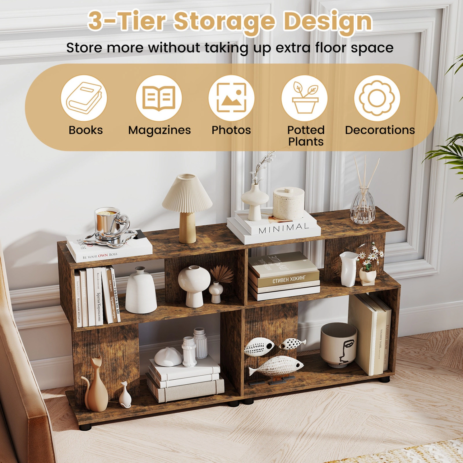 SUGIFT 3-Tier Modern S-Shaped Bookshelf with Adjustable Feet and Reversible Frame