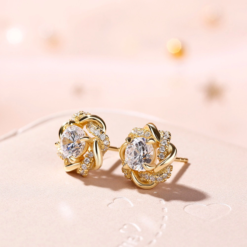 Plated Round Cubic Zirconia Inlaid Creative Exquisite Flower Design Stud Earring