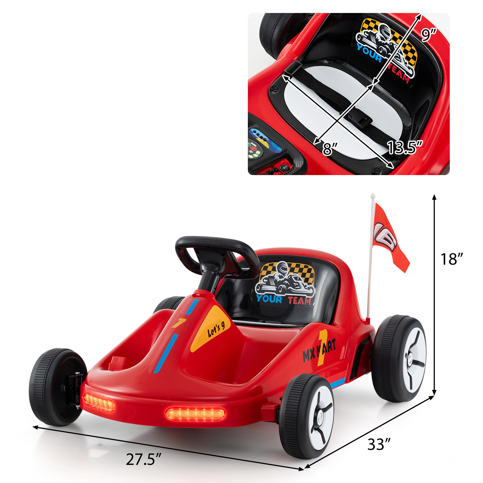SUGIFT 12V Electric Go Kart Ride-On Car with Remote Control 66-lb Capacity Ages 3+ 33-in Body Built-In Music Red