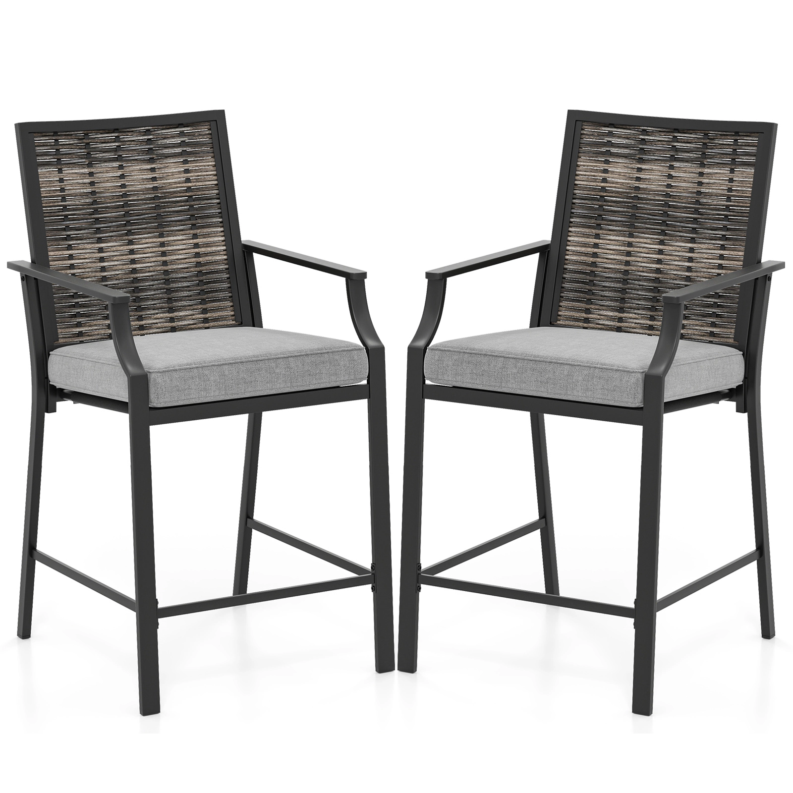 SUGIFT Set of 2 Gray Rattan Counter-Height Patio Bar Stools with Woven Backs and Cushions