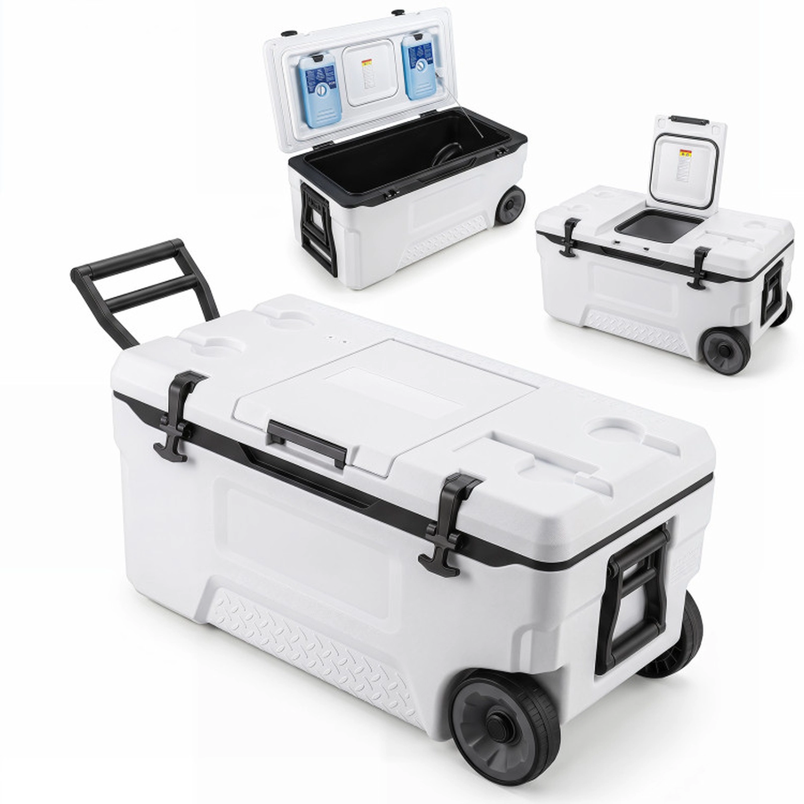 SUGIFT 74-qt White Rolling Cooler Ice Chest with Fish Ruler 4 Cup Holders Bottle Opener and Flip-Up Window