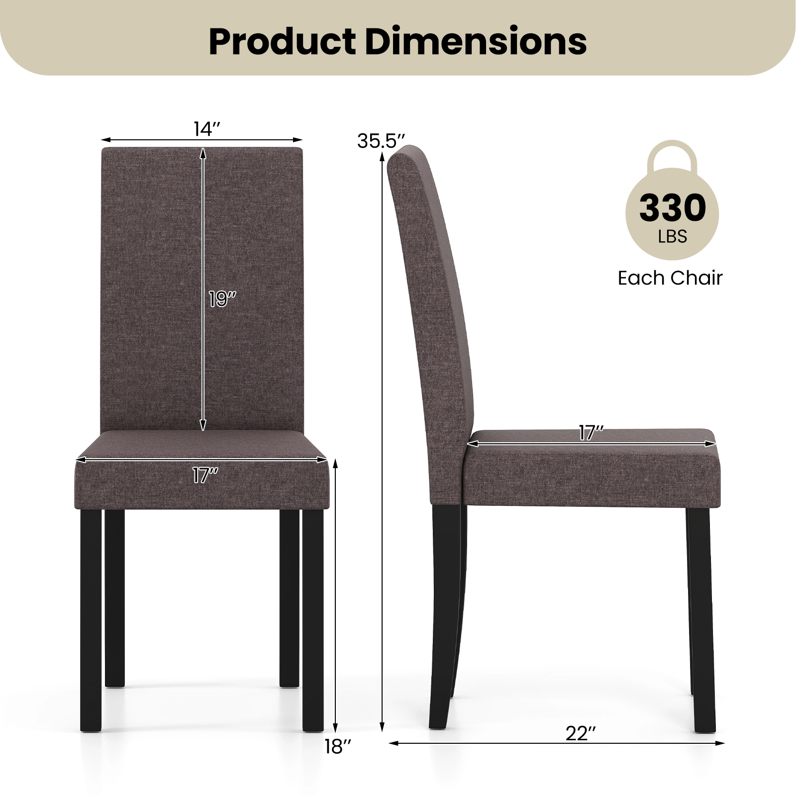 SUGIFT Set of 2 Mid-Century Modern Fabric Upholstered Dining Parson Chairs 330-Lb Capacity 35.5-in Tall Brown Faux Linen