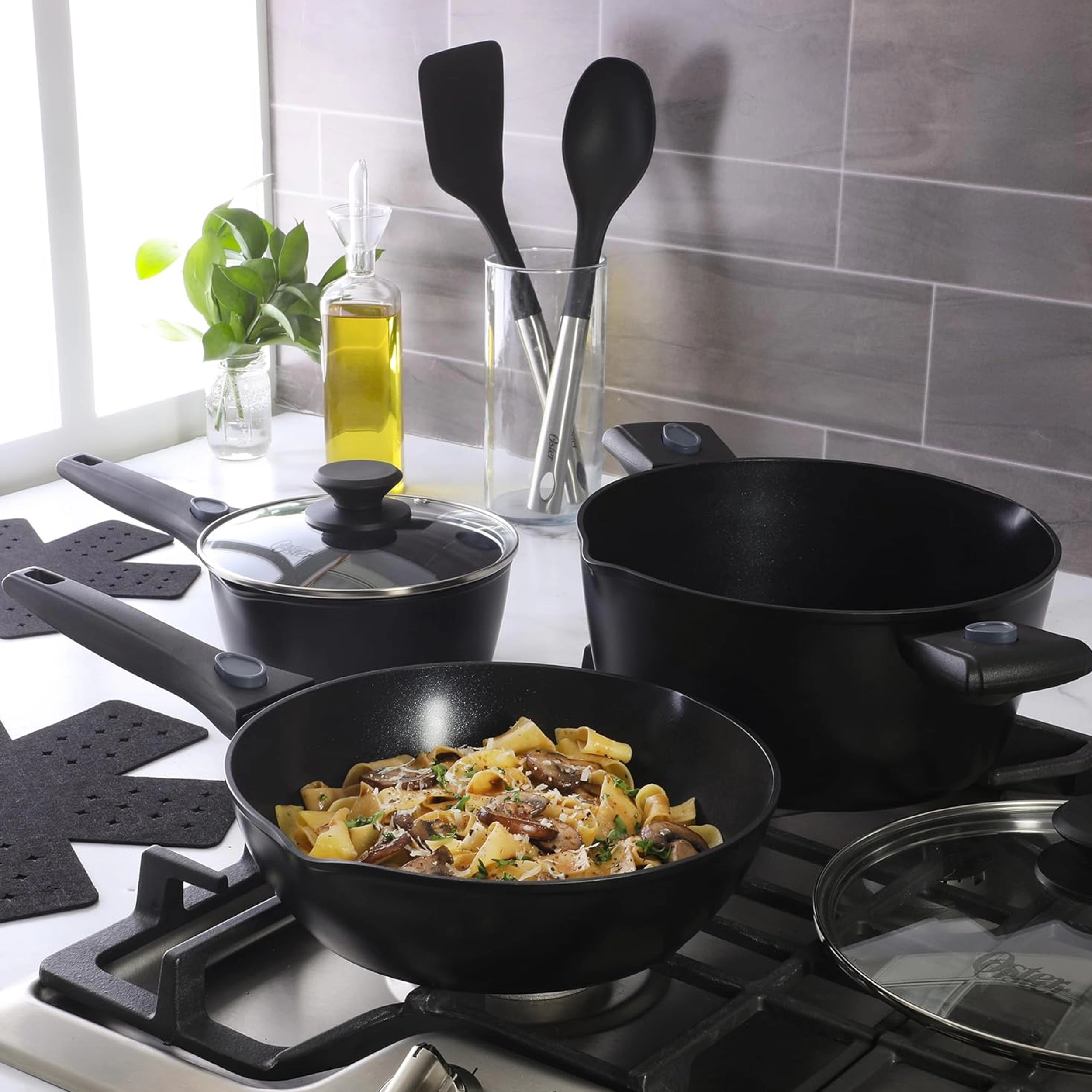 Oster SmartHandle Advance 13 Piece Nonstick Cookware Combo Set in Matte Black