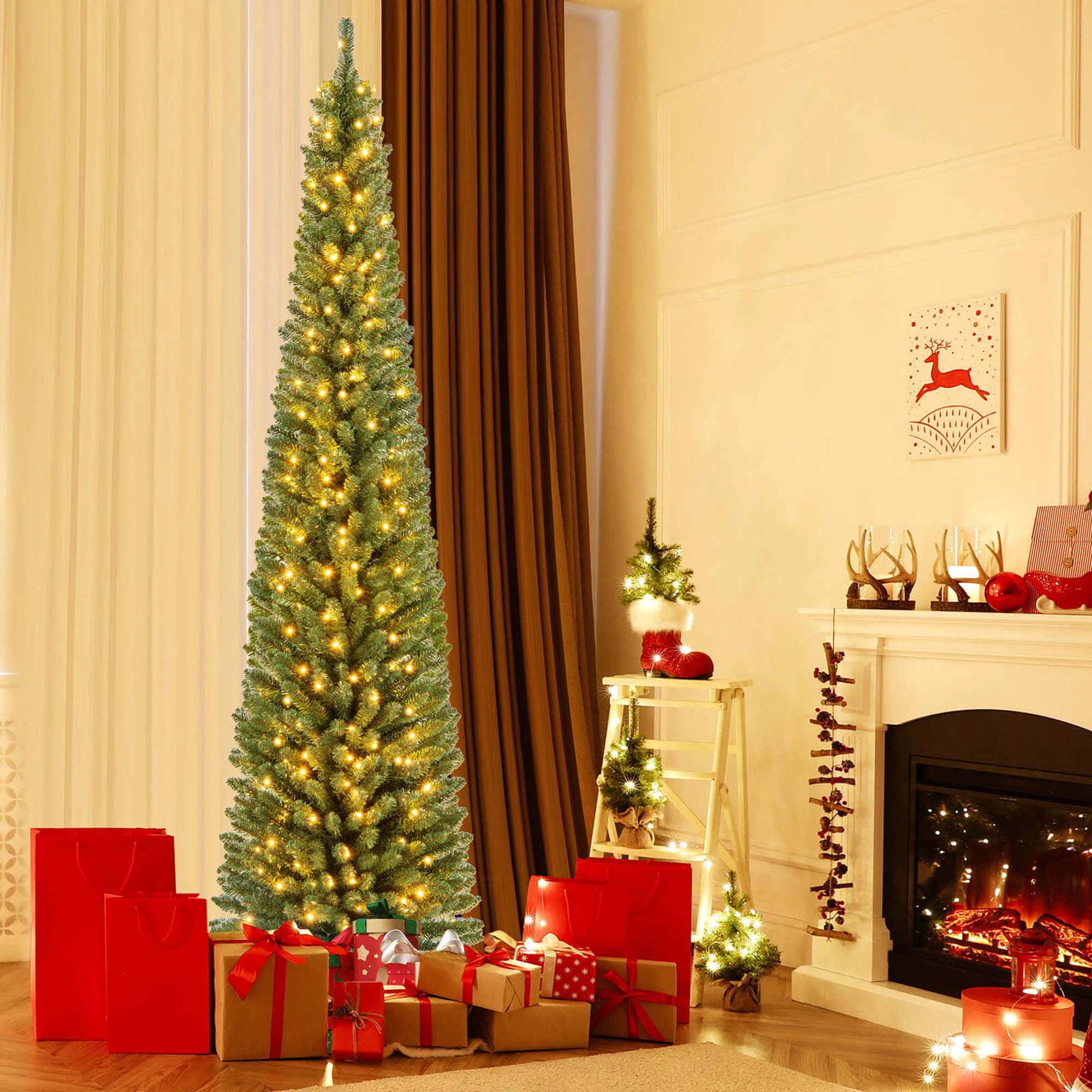 Costway 5/6/7/8 FT Pencil Christmas Tree with 295 Memory Wire Branch Tips 110/140/190/250 LED Lights for Home