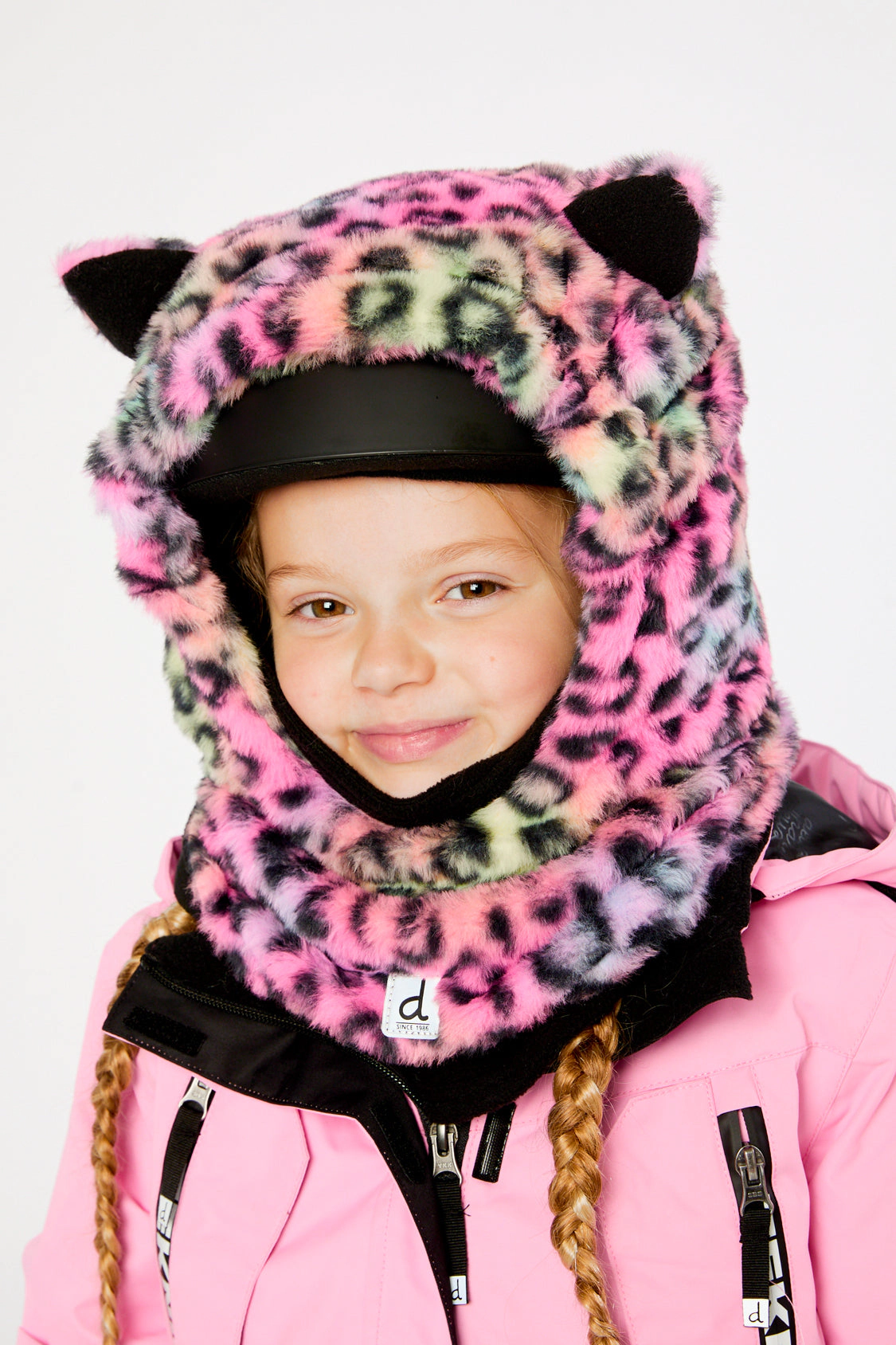 Deux par Deux Girls Leopard Fur Print Cat Ear Oversized Polar Balaclava for Ski Helmet