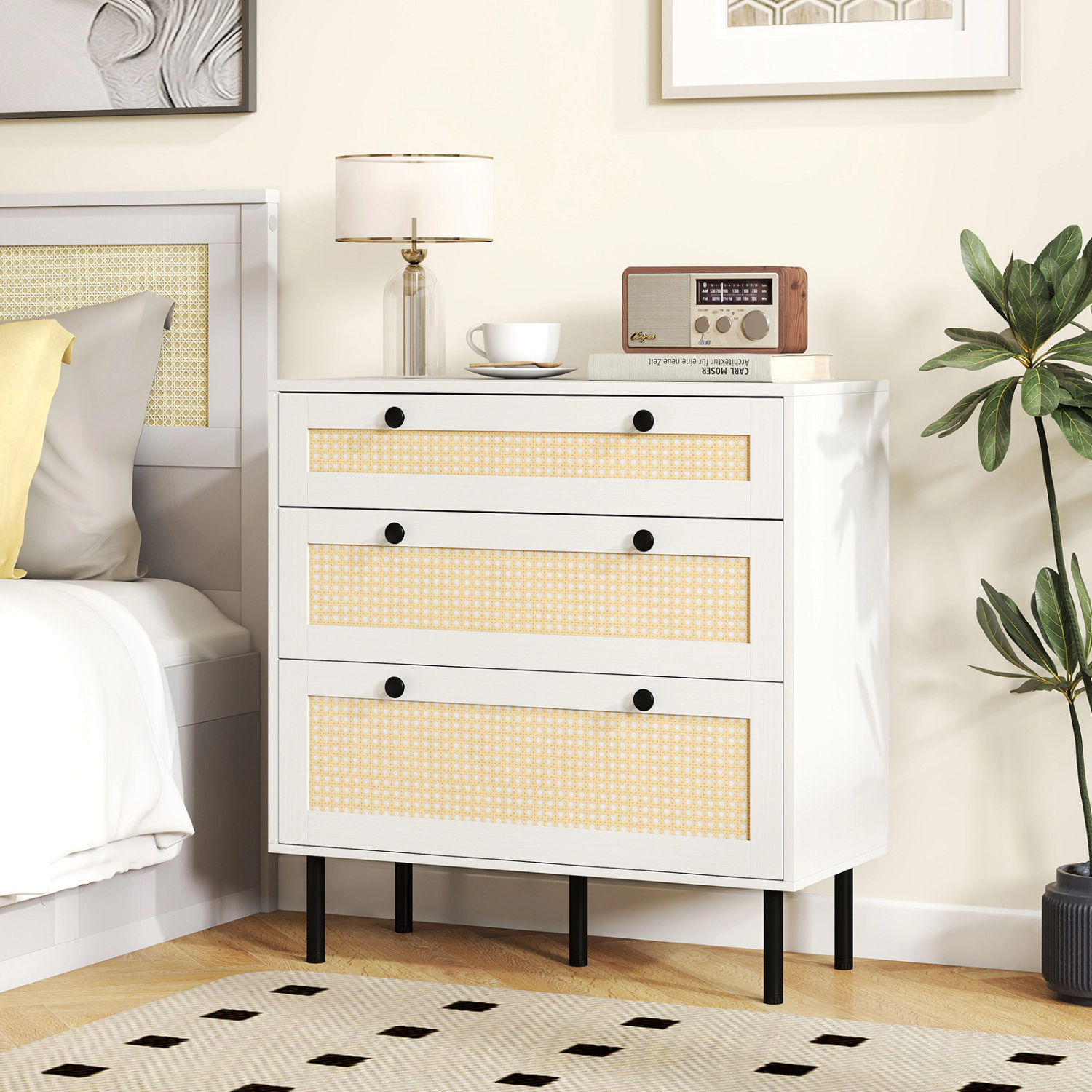 LJG 3-Drawer Rattan Nightstand Boho Chest of Drawers for Bedroom