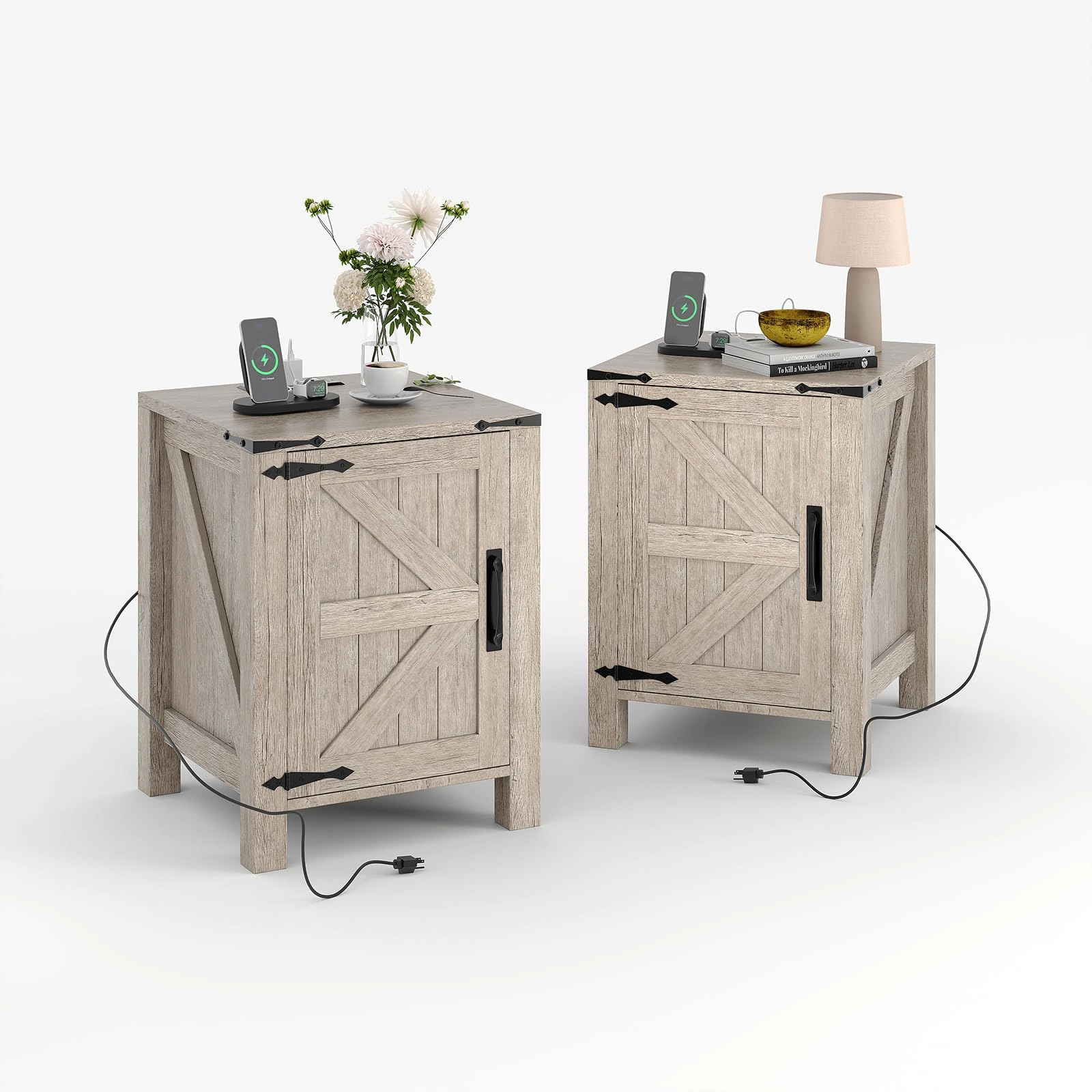 BebreezChic Set of 2 with USB Charging Station, Rustic Bedside Table with Sliding Barn Door and Adjustable Shelf