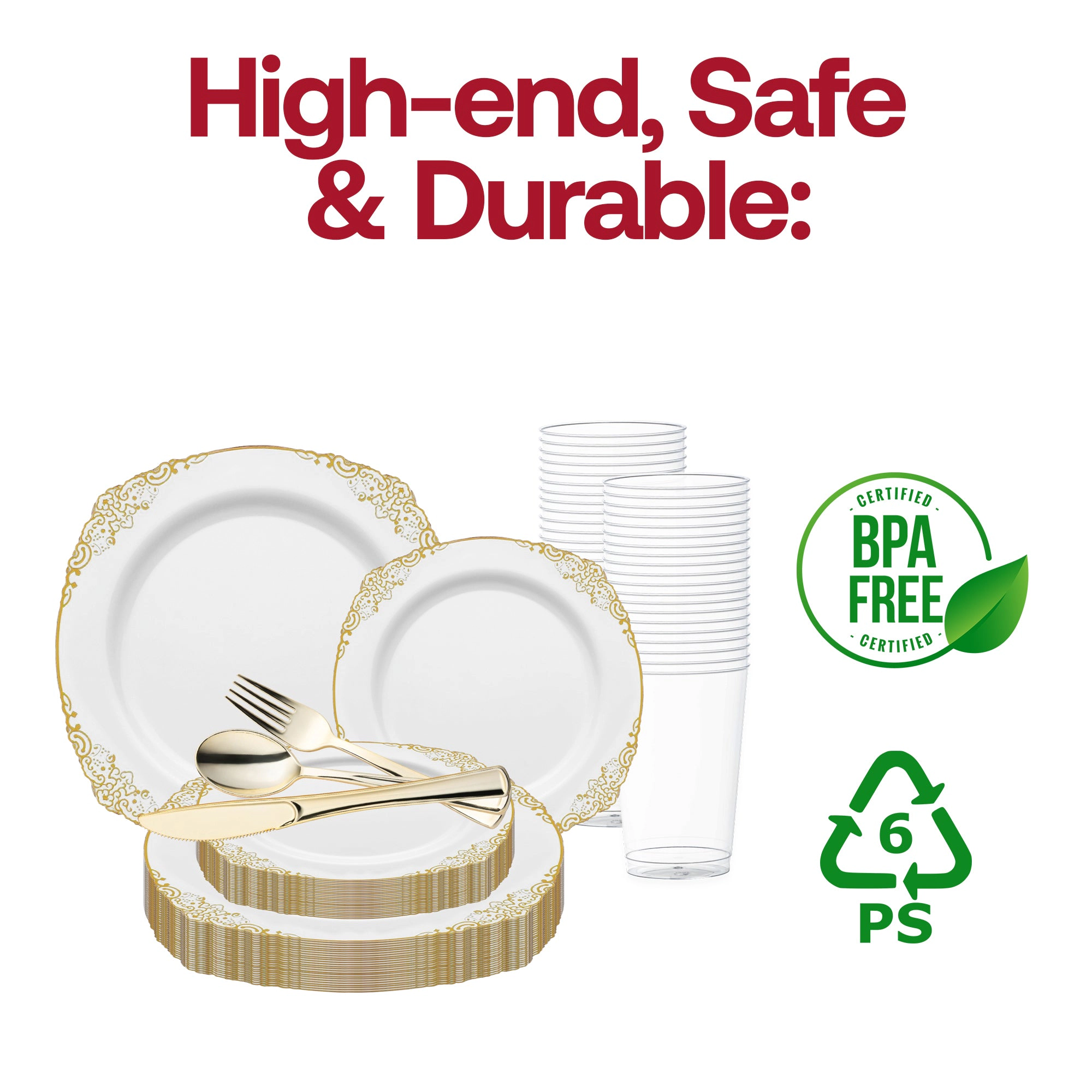Smarty Had A Party White with Gold Fancy Round Disposable Plastic Wedding Value Set