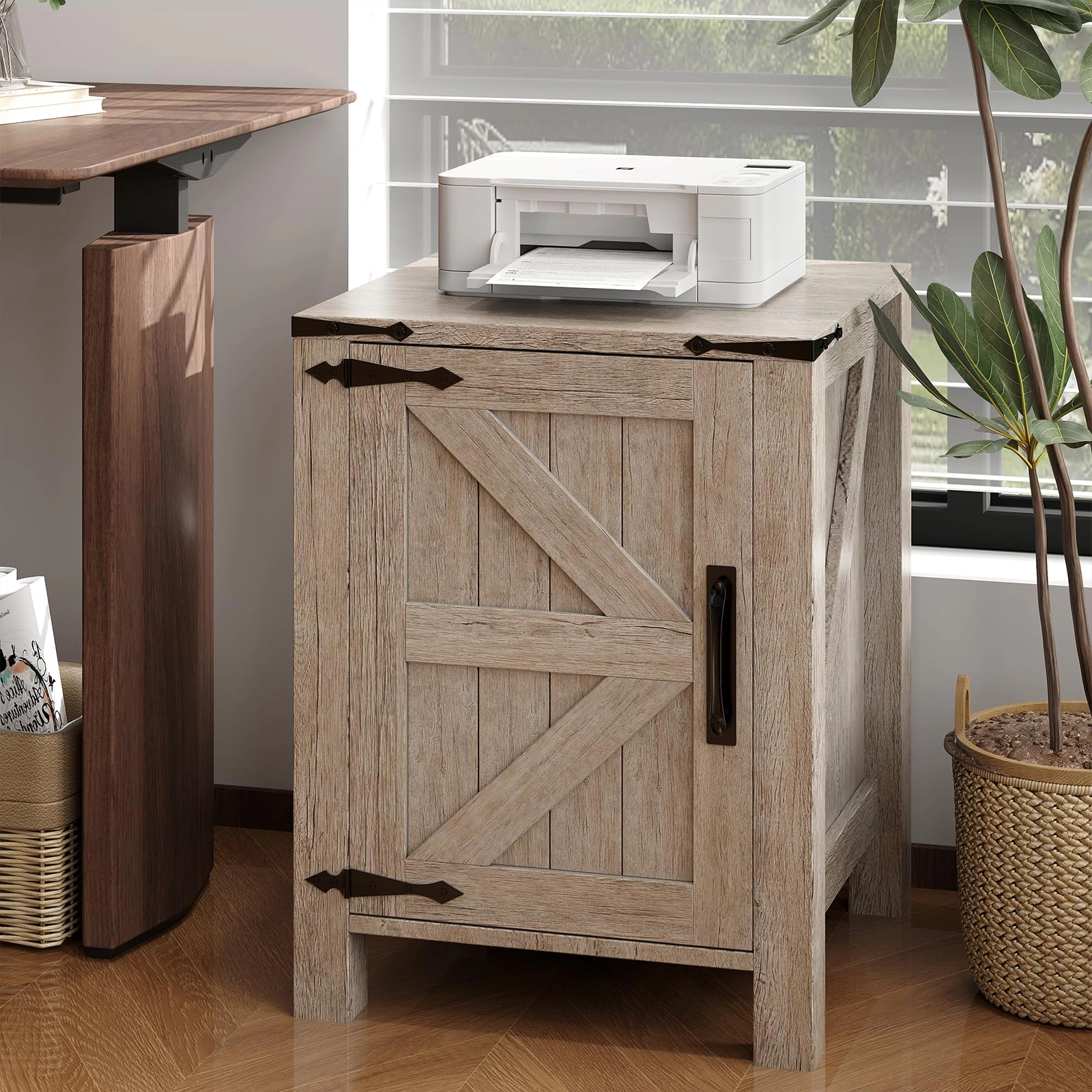 BebreezChic Set of 2 with USB Charging Station, Rustic Bedside Table with Sliding Barn Door and Adjustable Shelf