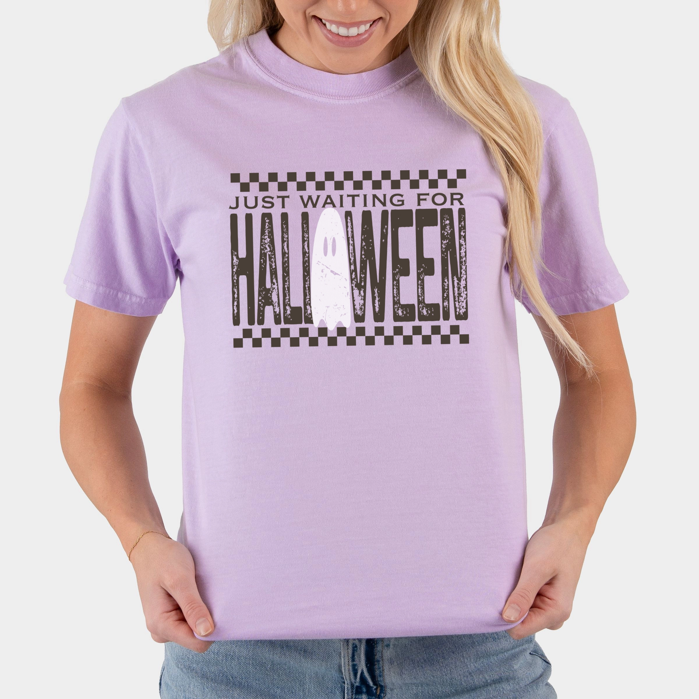Simply Sage Market - Women's Garment Dyed Graphic T-Shirt Just Waiting For Halloween Checkered