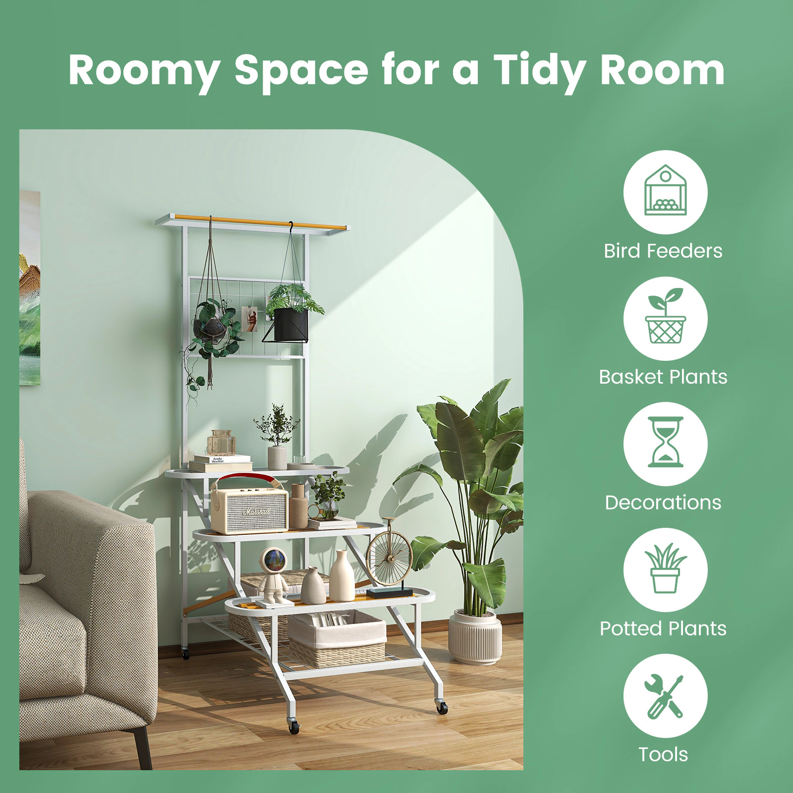 Slickblue Rolling 4 Tier Plant Stand Metal Flower Rack with Trellis Wheels Balcony Patio Organizer