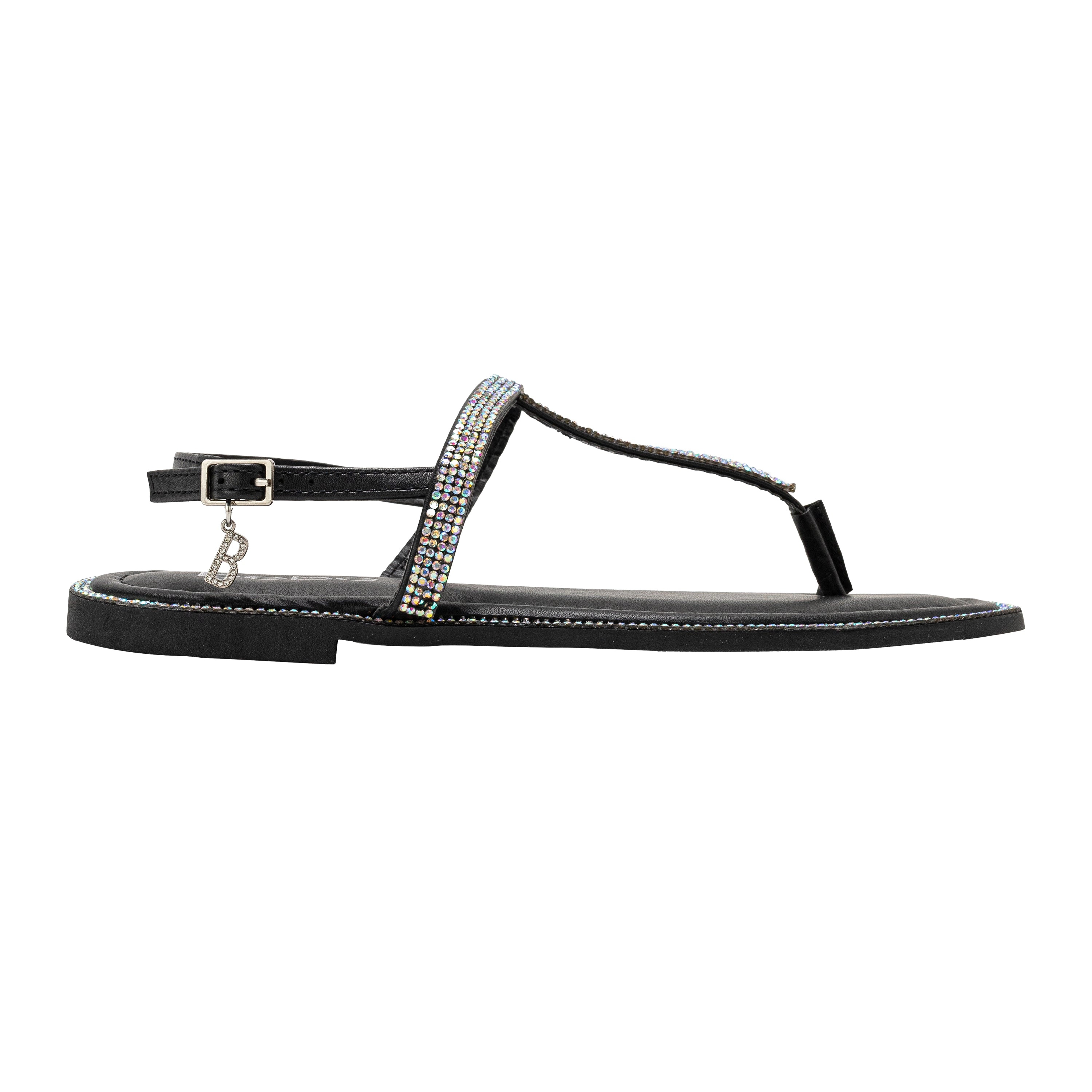 bebe Women’s Rhinestone T-Strap Sandals - Flat Thong with Ankle Strap