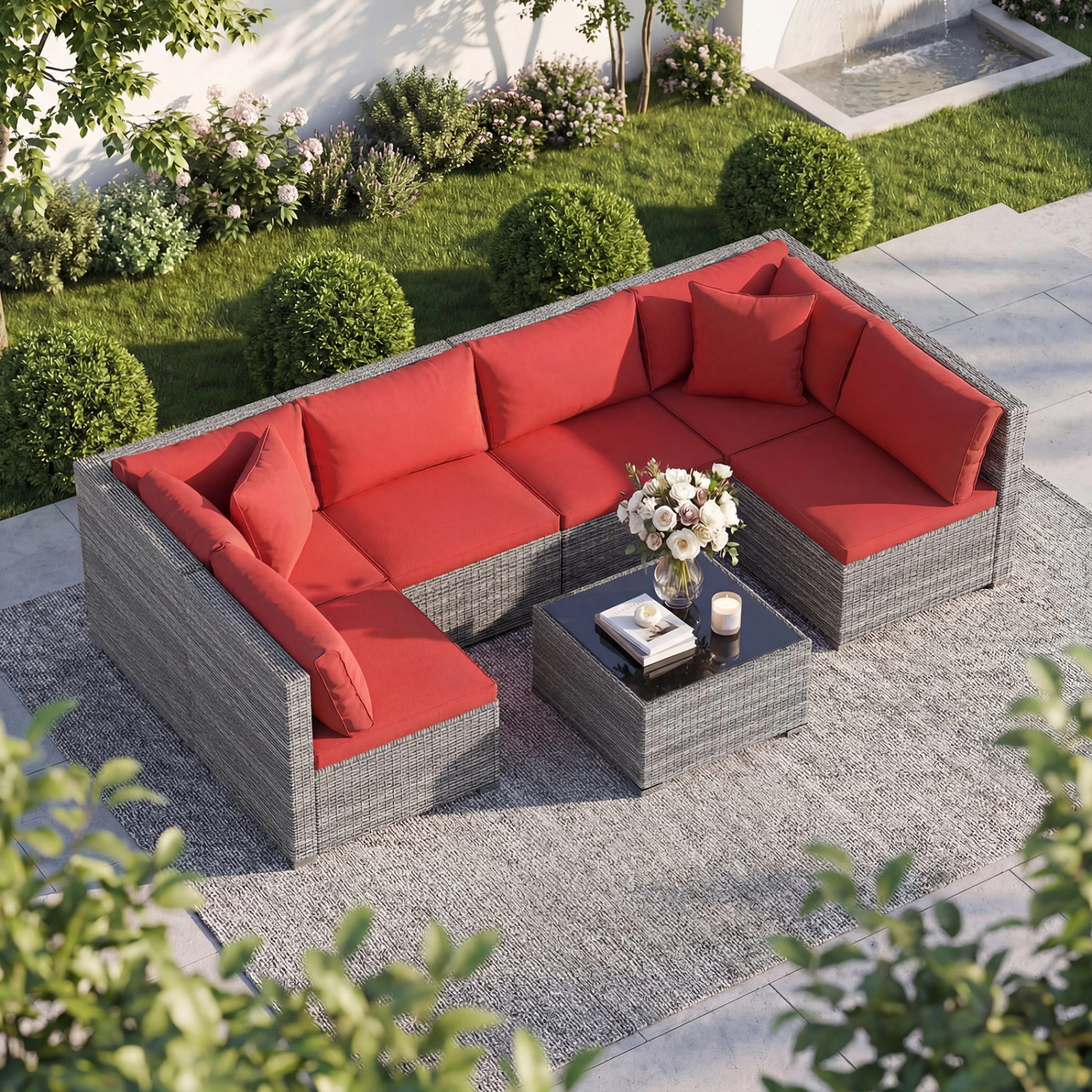 LJG 7-Piece PE Rattan Patio Set with Glass Table & Soft Cushions for Outdoor