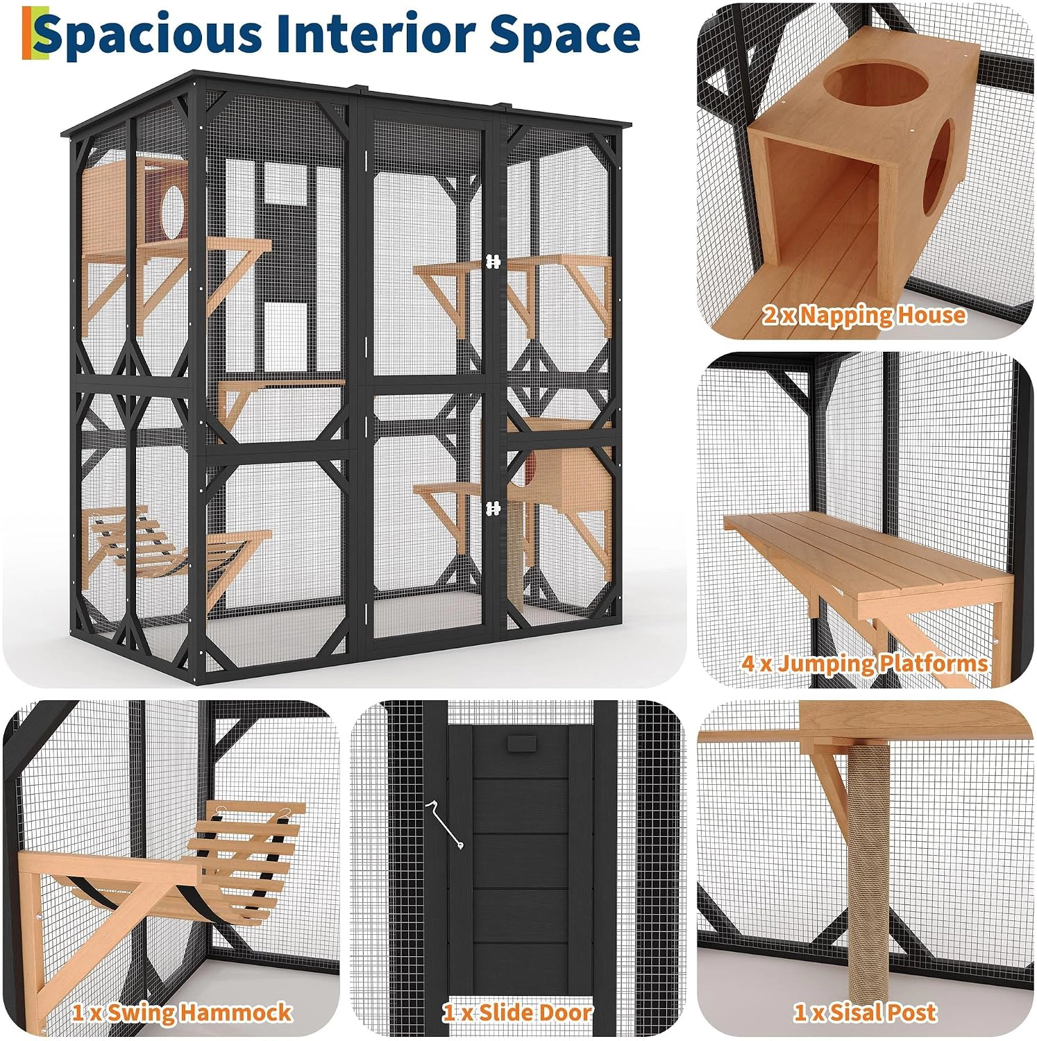 173x92.4x177cm Large Outdoor Wooden Catio Enclosure, Walk-In Cat Cage with Platforms, Black