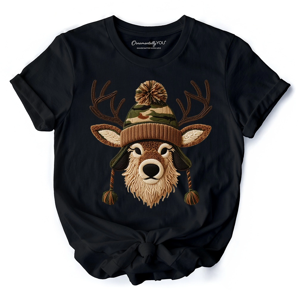 OrnamentallyYou Mens Deer Head Camo Hat Christmas T-Shirt