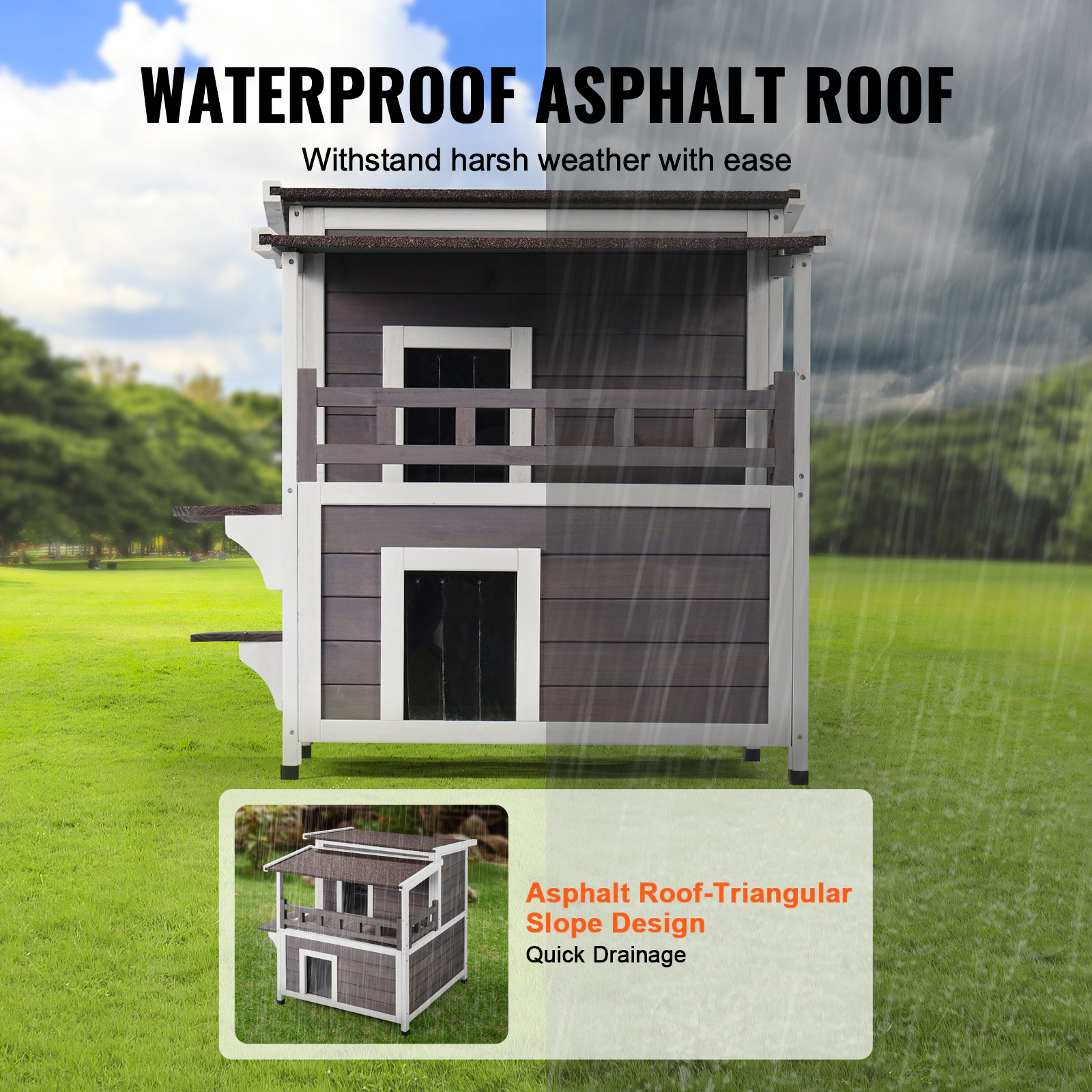 HONGGE 2-Story Wooden Outdoor Cat House, 30 x 30 x 32 in Weatherproof Feral Cat Shelter with Balcony and Open Roof