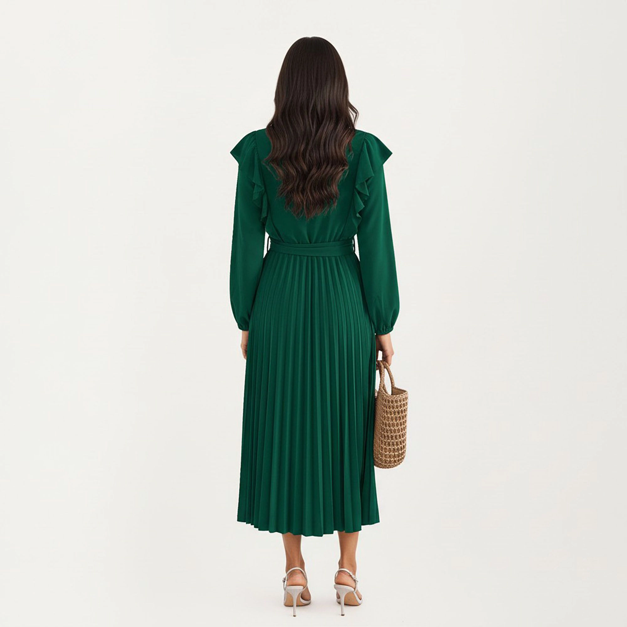 Anna-Kaci Women's Pleated Ruffle Shoulder Waist Tie Long Sleeve Dress