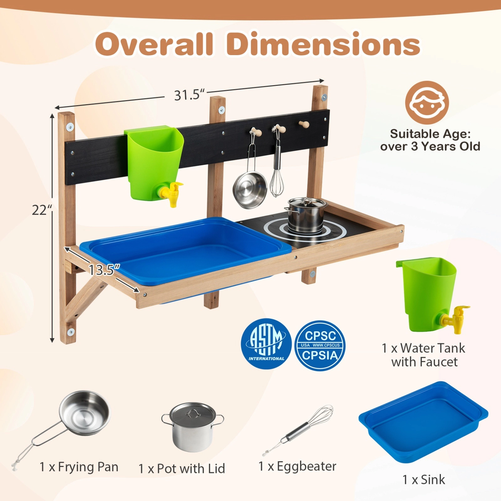Wall Mounted Mud Kitchen for Kids Outdoor with Water Tank Faucet and 15.5-in Sink 31.5-in x 13.5-in x 22-in Fir Wood