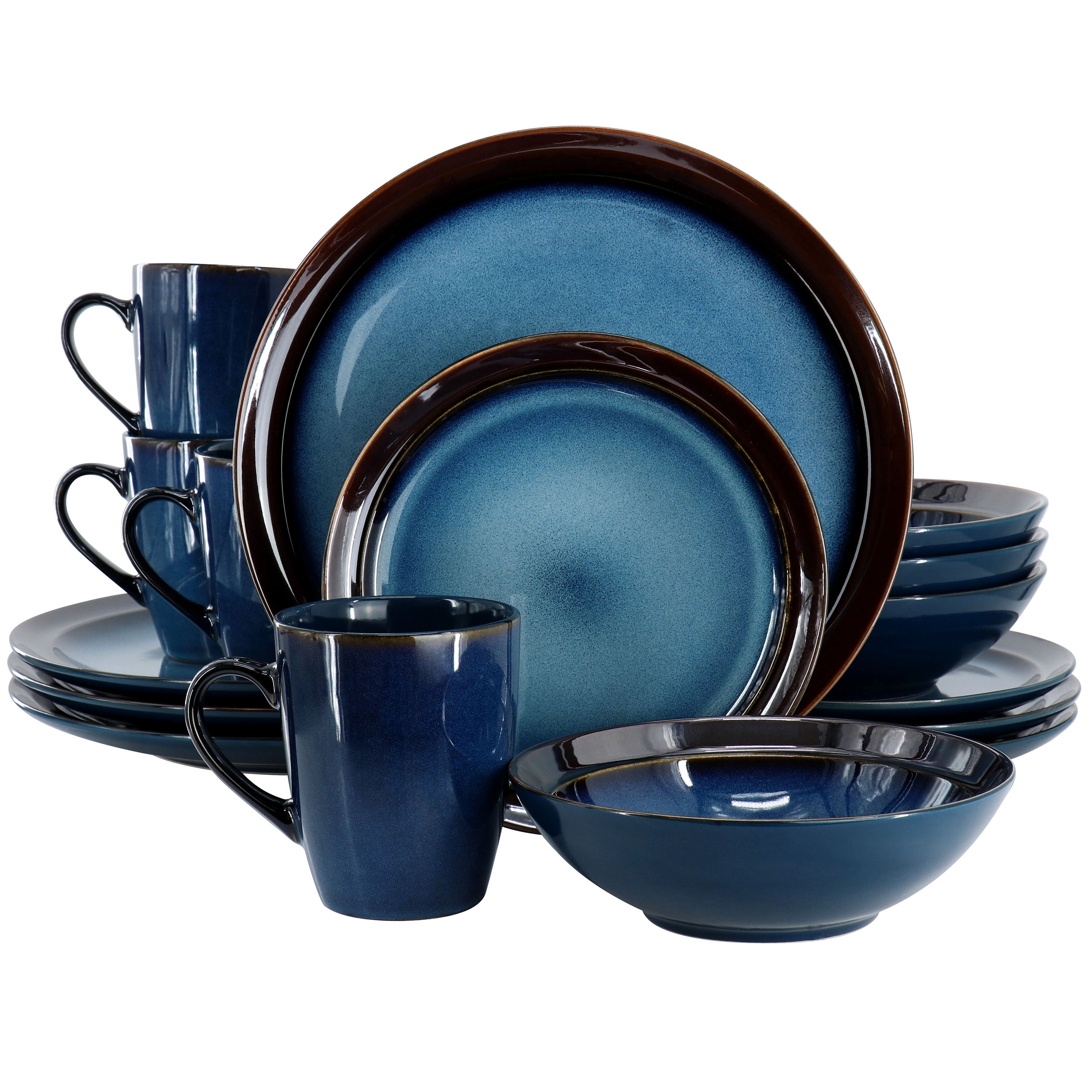 Gibson Elite 16 Piece Priya Reactive Glaze Stoneware Dinnerware Set Blue