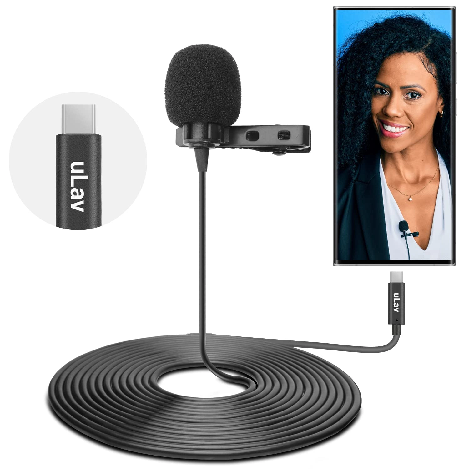 Movo uLav - Wired Omnidirectional USB-C Lavalier Clip On Microphone
