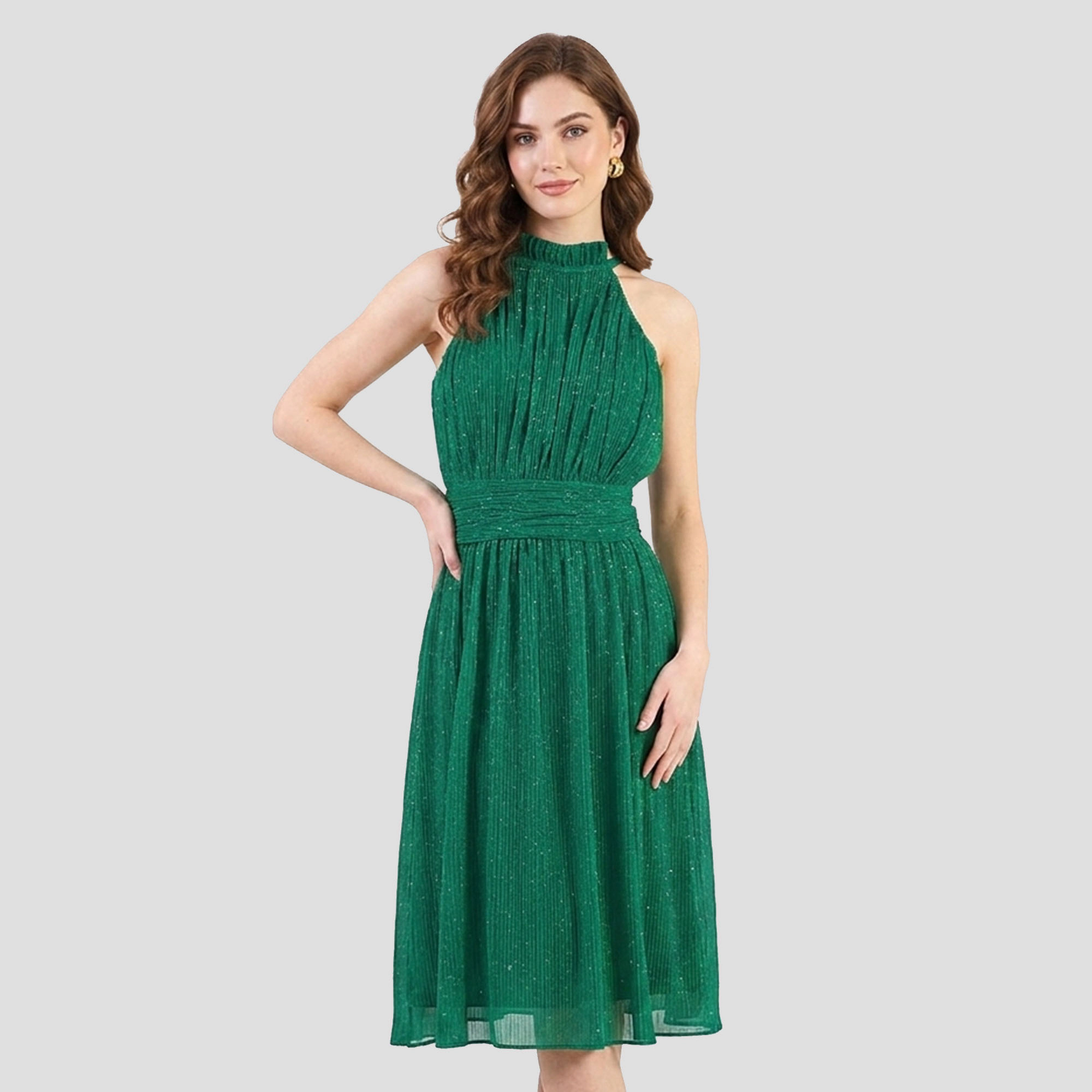 Artyska Women's Shimmer Halter Neck Sleeveless Pleated Bodice  Midi Dress