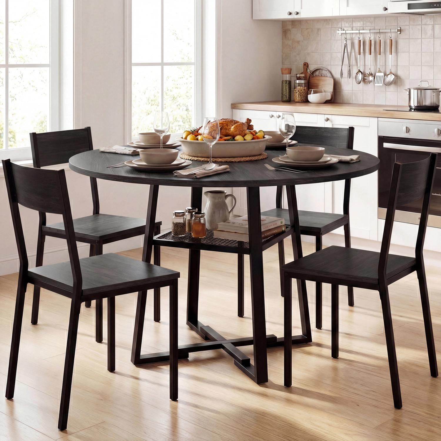 LJG Round Dining Table for 4-6 with Storage Shelf and Metal Legs